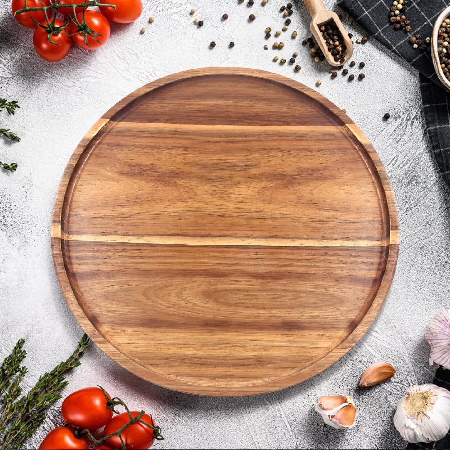 Acacia Round Wood Tray Decorative Serving Trays for Ottoman Coffee Table / Acacia Wood / Set of 12