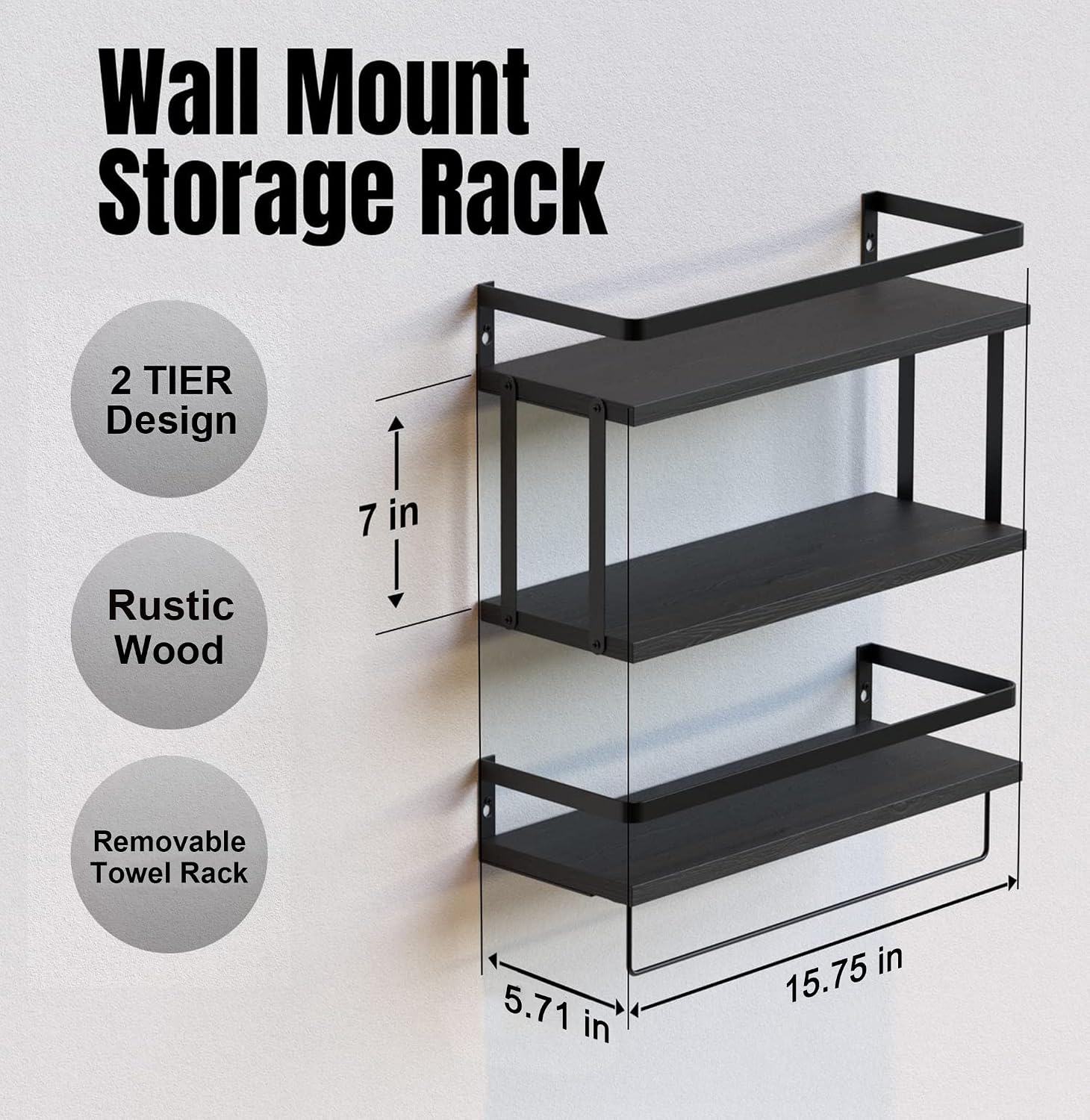 RICHER HOUSE Floating Shelves Bathroom, Wall Mounted Shelf Over Toilet | 2+1 Tier, with Metal Rail, Towel Rack, Paper