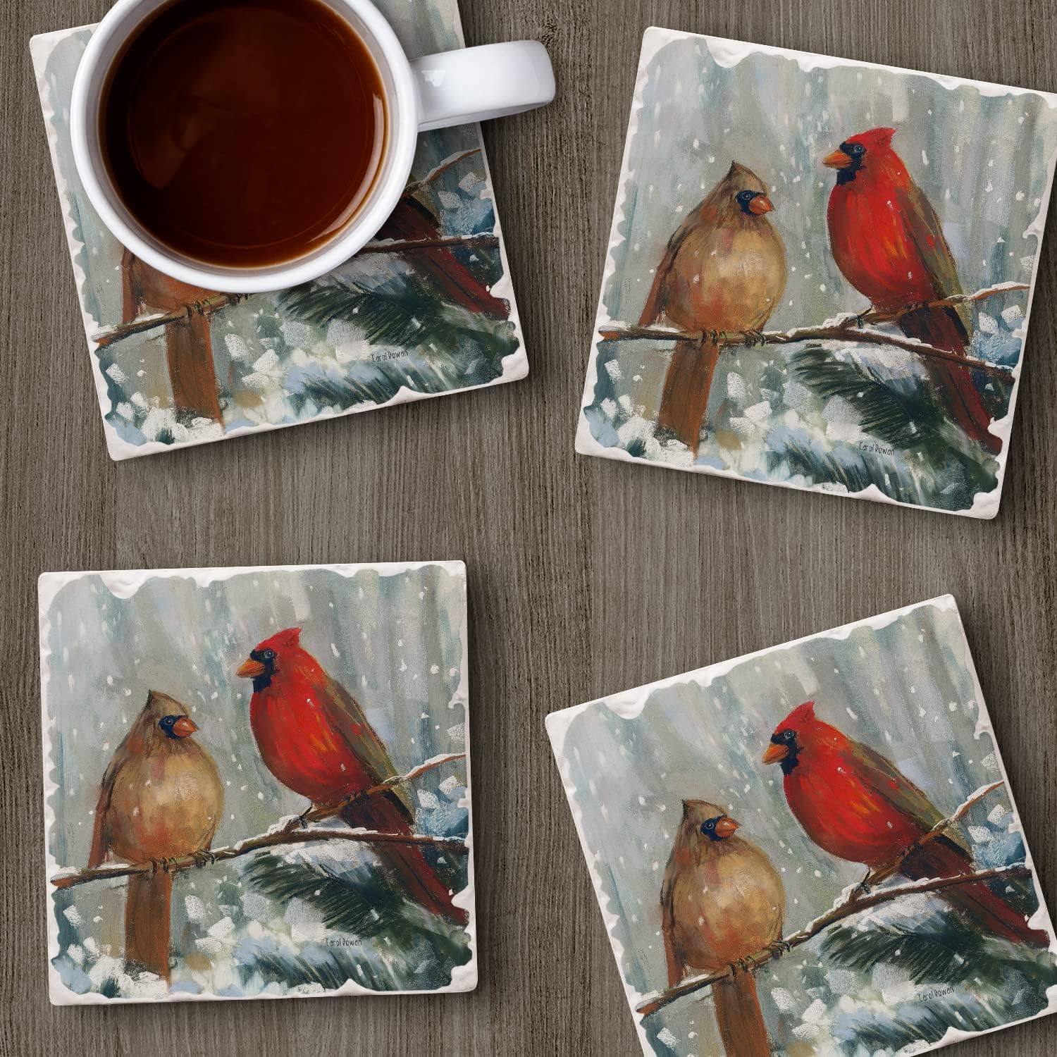 Thirstystone Assorted Tumbled Tile Stone Coasters / Winter Birds / Set of 4