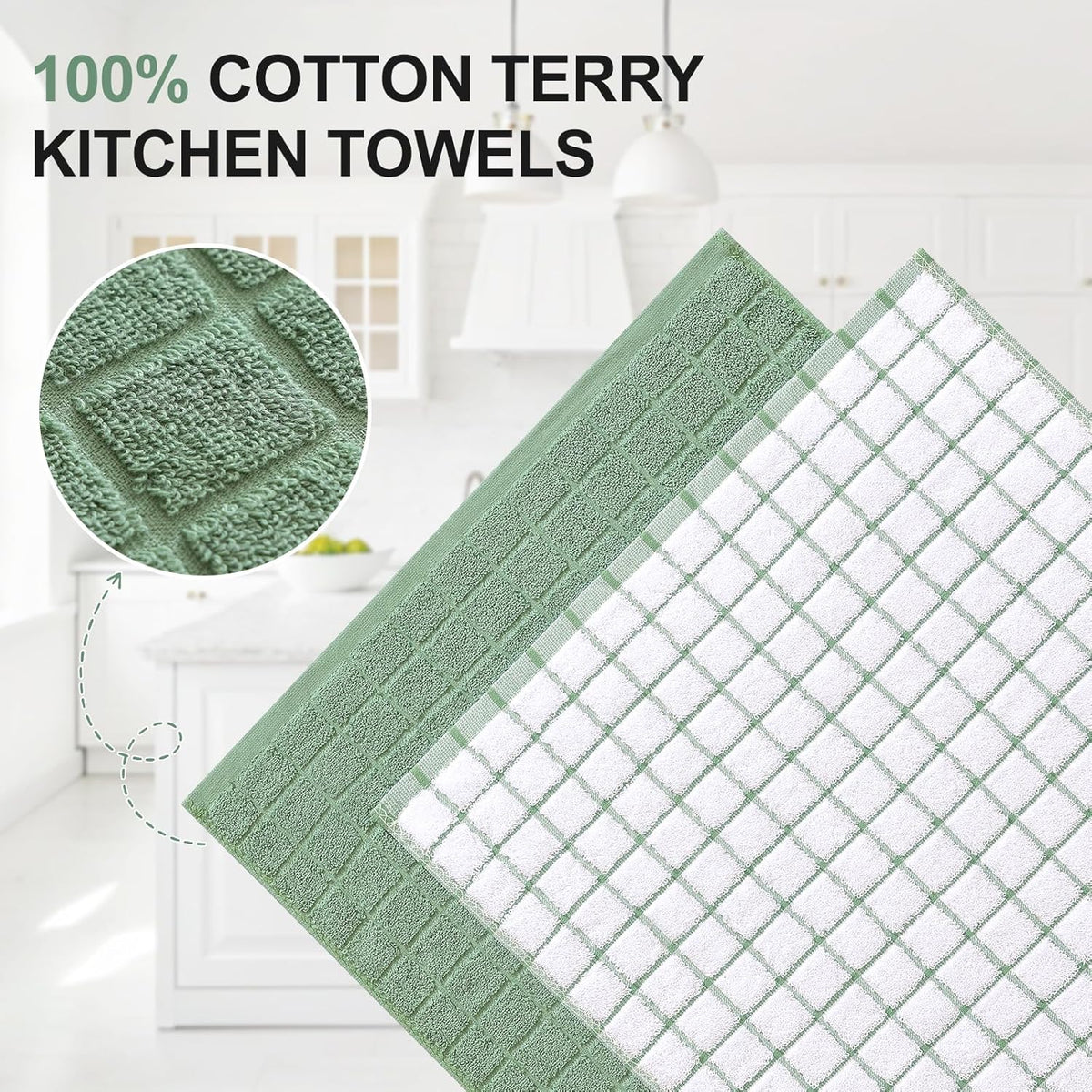 Homaxy Large Premium Cotton Kitchen Towels 16"x 28", 12 Pack, Grass Green | Natural Ring Spun 390 GSM Dish Towels