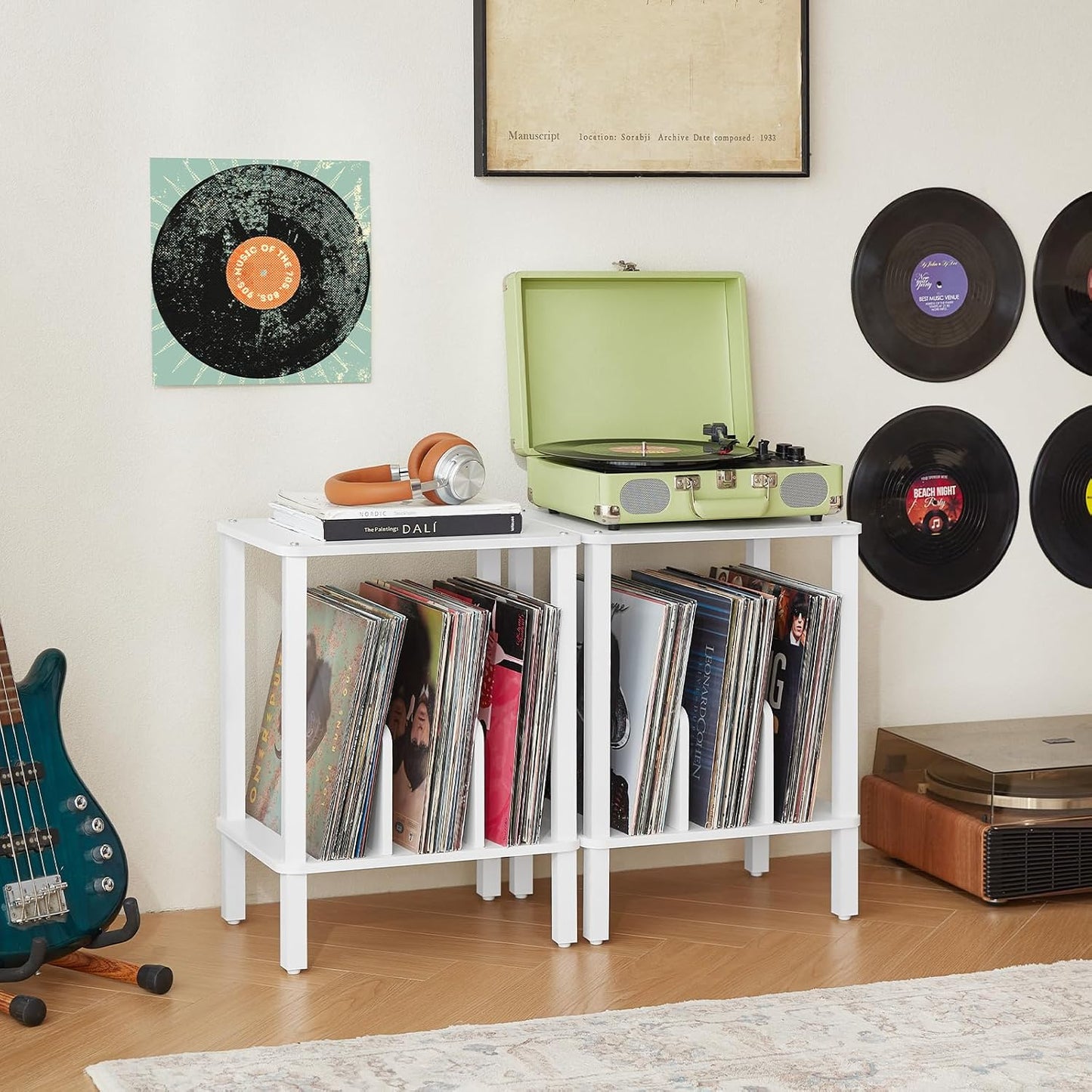 2-Tier Record Player Stand for Vinyl Records Storage End Table | Small Vinyl Record Holder Storage up to 100 Albums