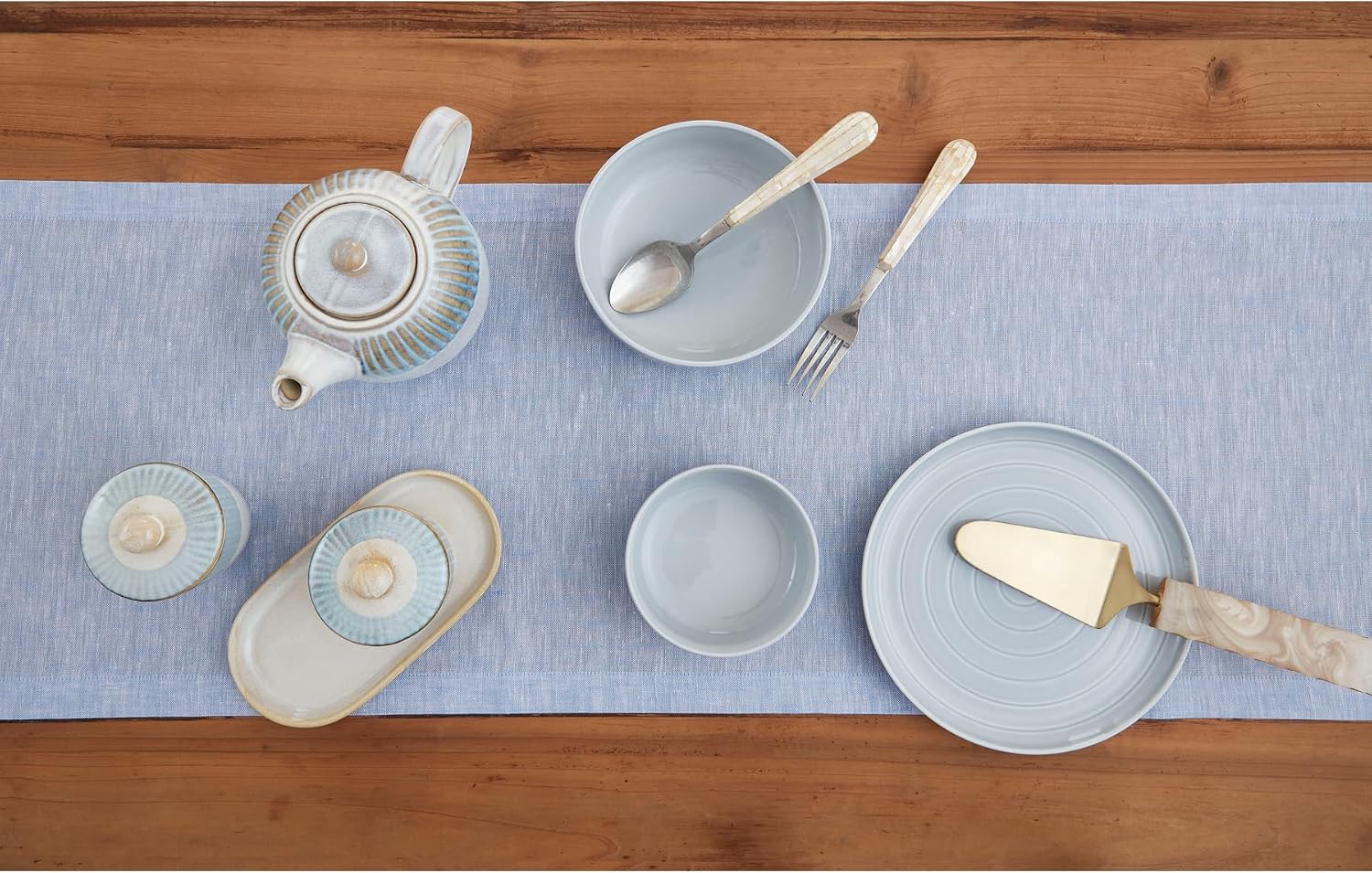 Solino Home 100% Pure Linen Table Runner Chambray Blue, Athena 14 x 108 in | Table Runners for 8-10 seater dining