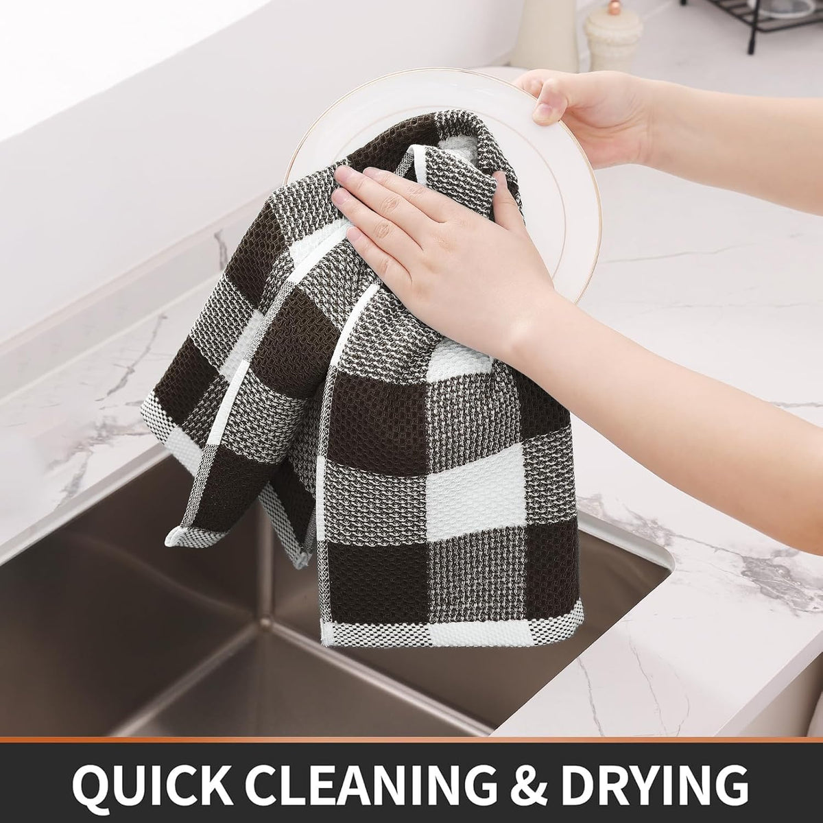 Homaxy Kitchen Towels and Dishcloths Set, Set of 10, White & Dark Brown | Bulk Cotton Waffle Weave Check Plaid Kitchen