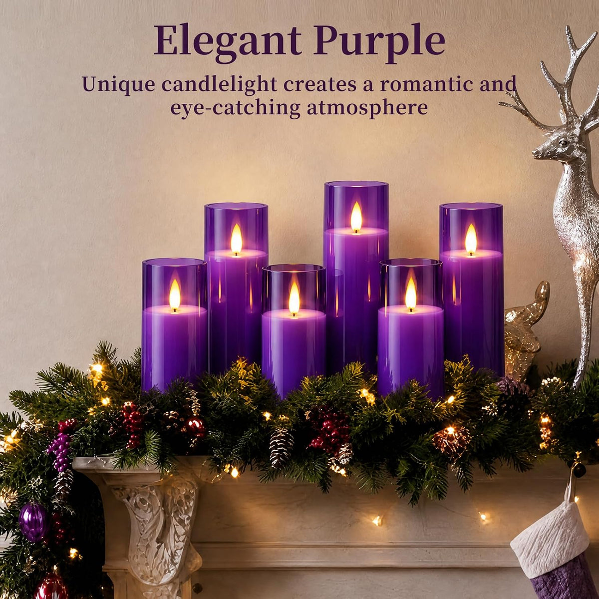 Homemory Purple Flameless LED Pillar Candles, Remote Timer, 9 Pack | Battery operated flickering LED pillar candles