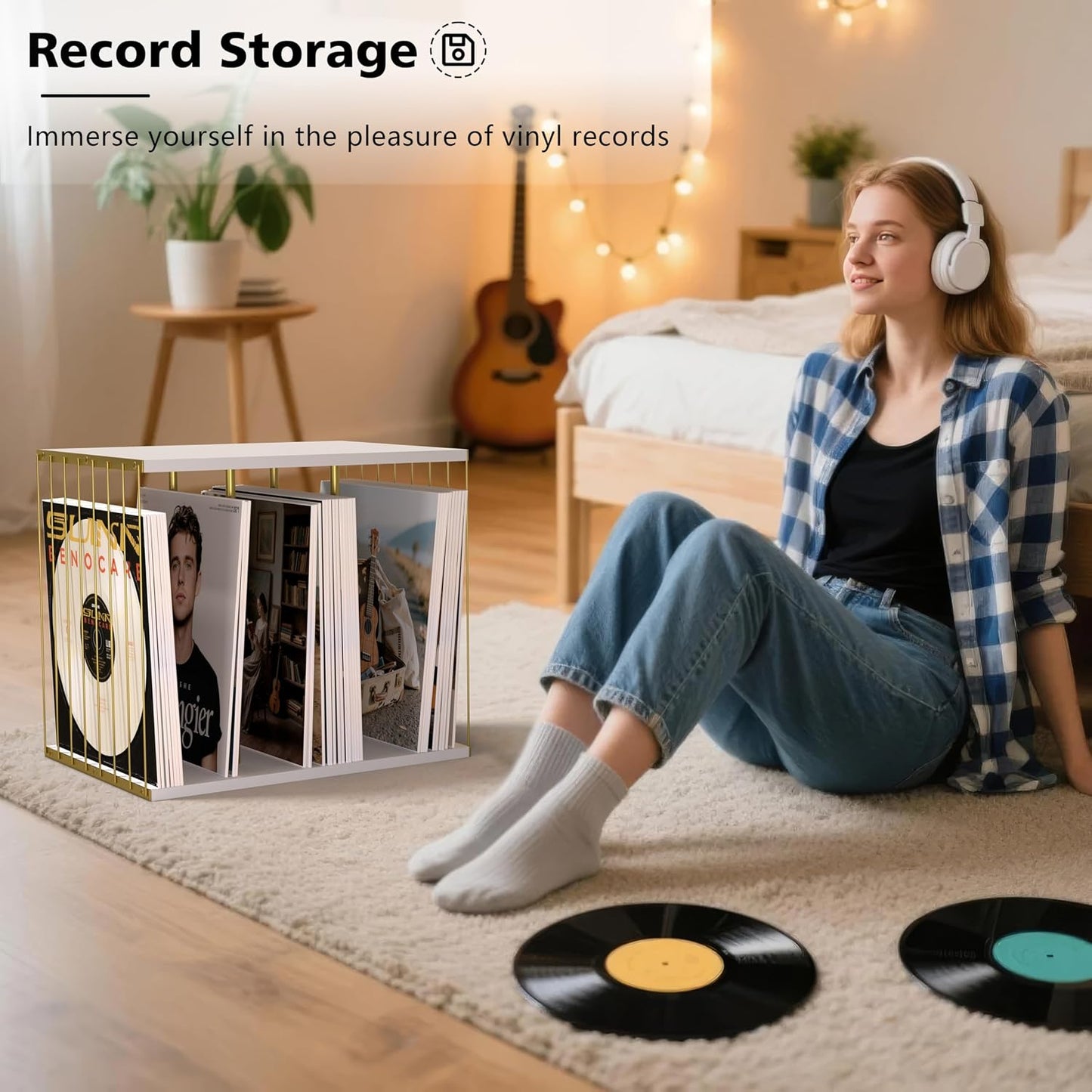 Emfogo Vinyl Record Storage, Metal & Wooden Vinyl Record Holder Up to 80 Album, 3-Compartment Record Player Stand for