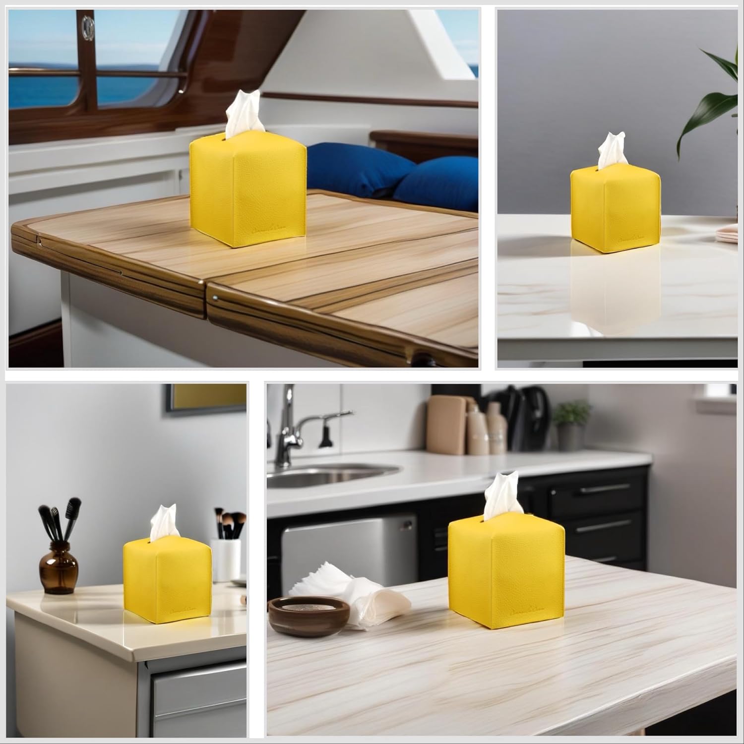PU Leather Tissue Box Holder / Classic-textured Yellow / Set of 2