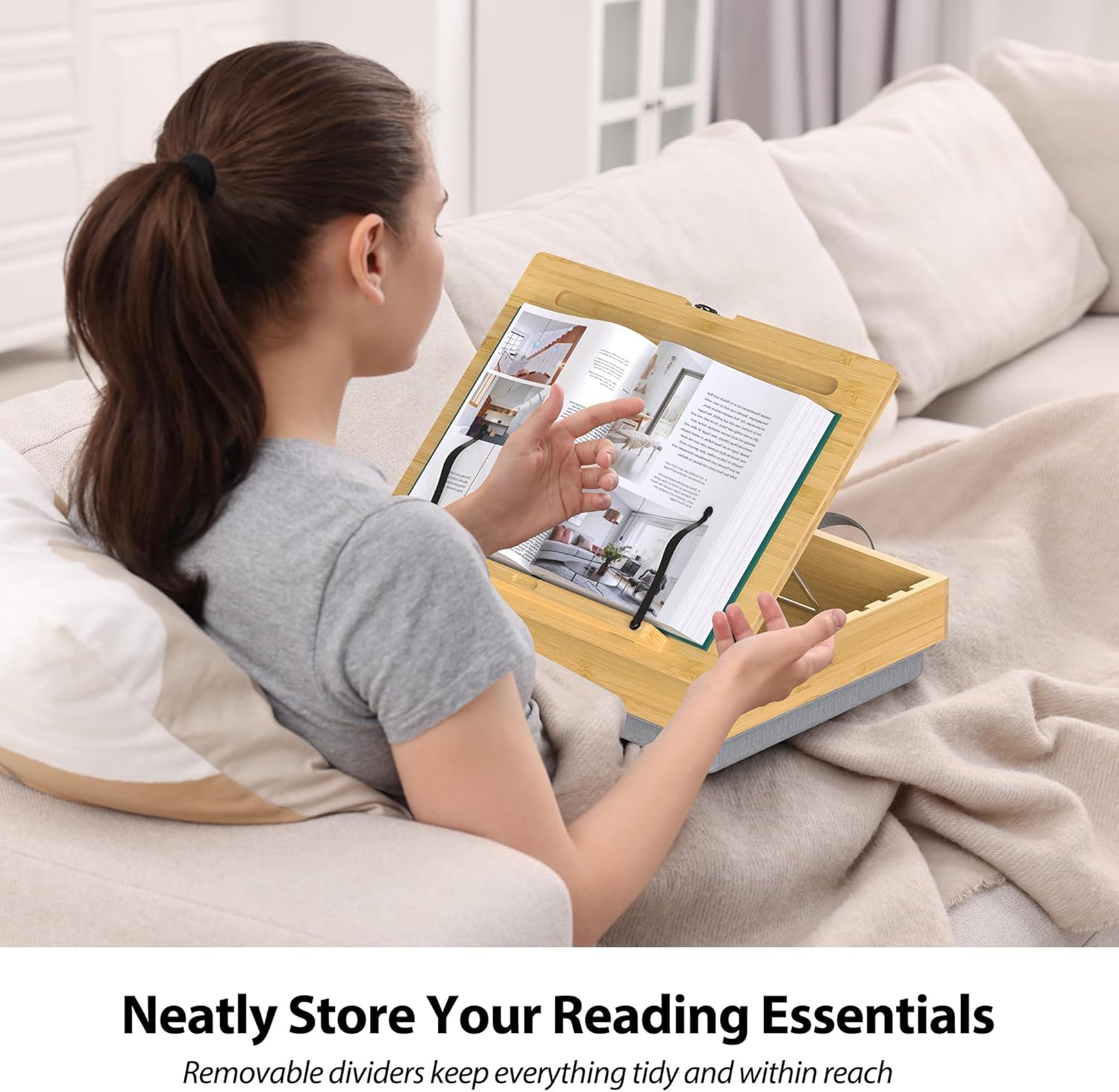 AboveTEK Book Stand for Reading with Storage, Adjustable Bamboo Book Holder with Soft Lap Cushion, Cookbook Stand