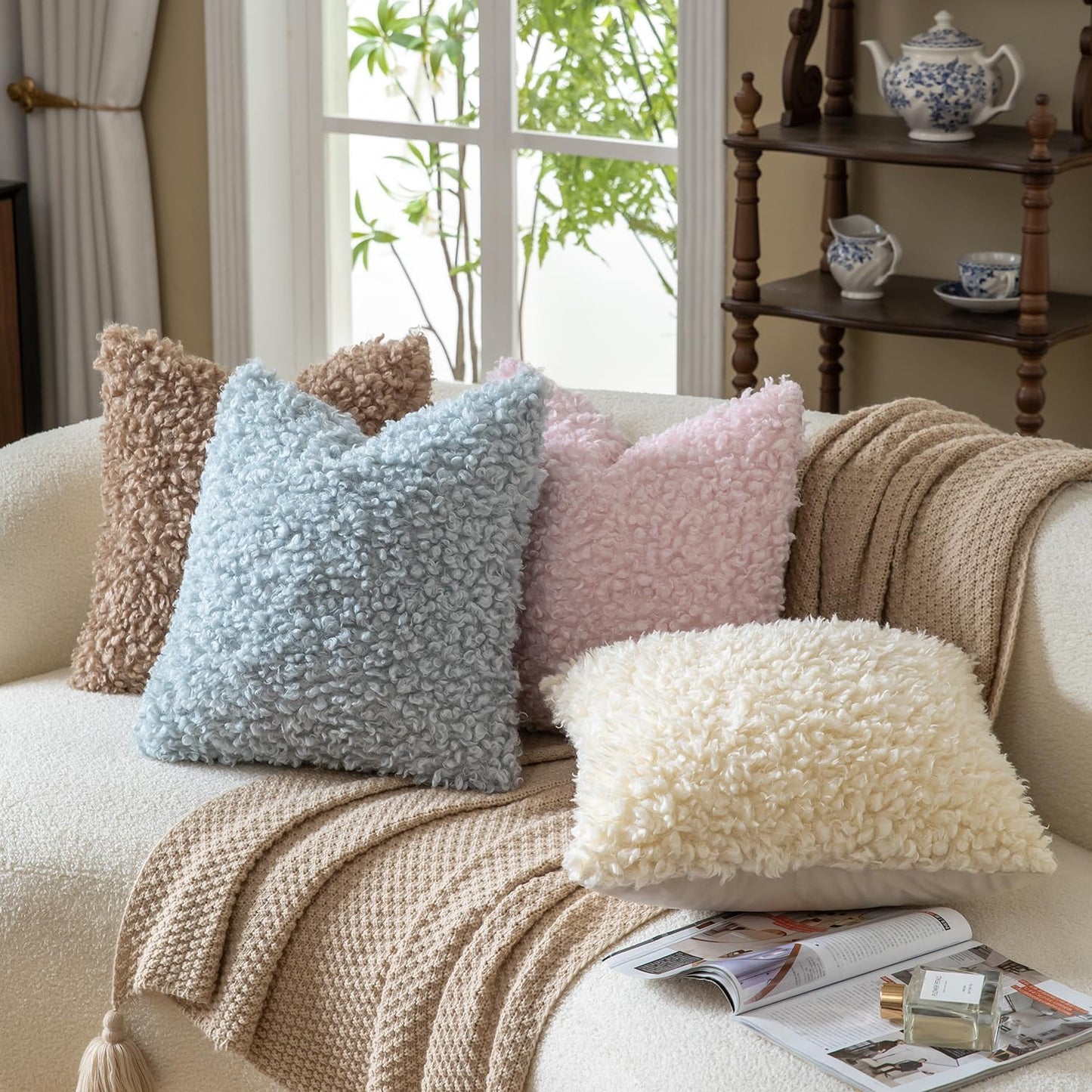 Faux Fur Throw Pillow Covers Boucle Decorative Sherpa Pillow / Cream Yellow / 18 x 18 / Set of 2