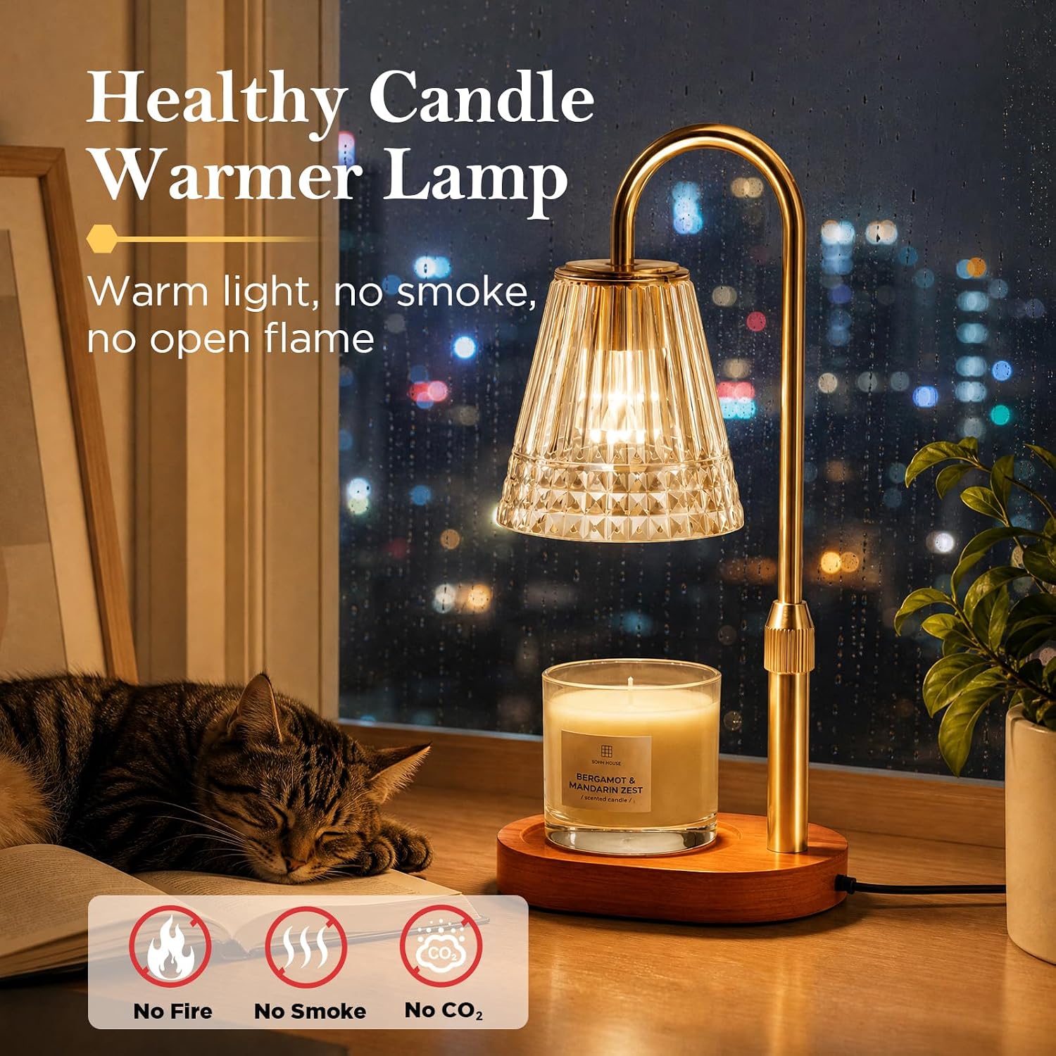 Candle Warmer Lamp with Timer, Dimmable Wax Warmer for Candles, Gift | Flameless top-down wax melting — no fire, smoke