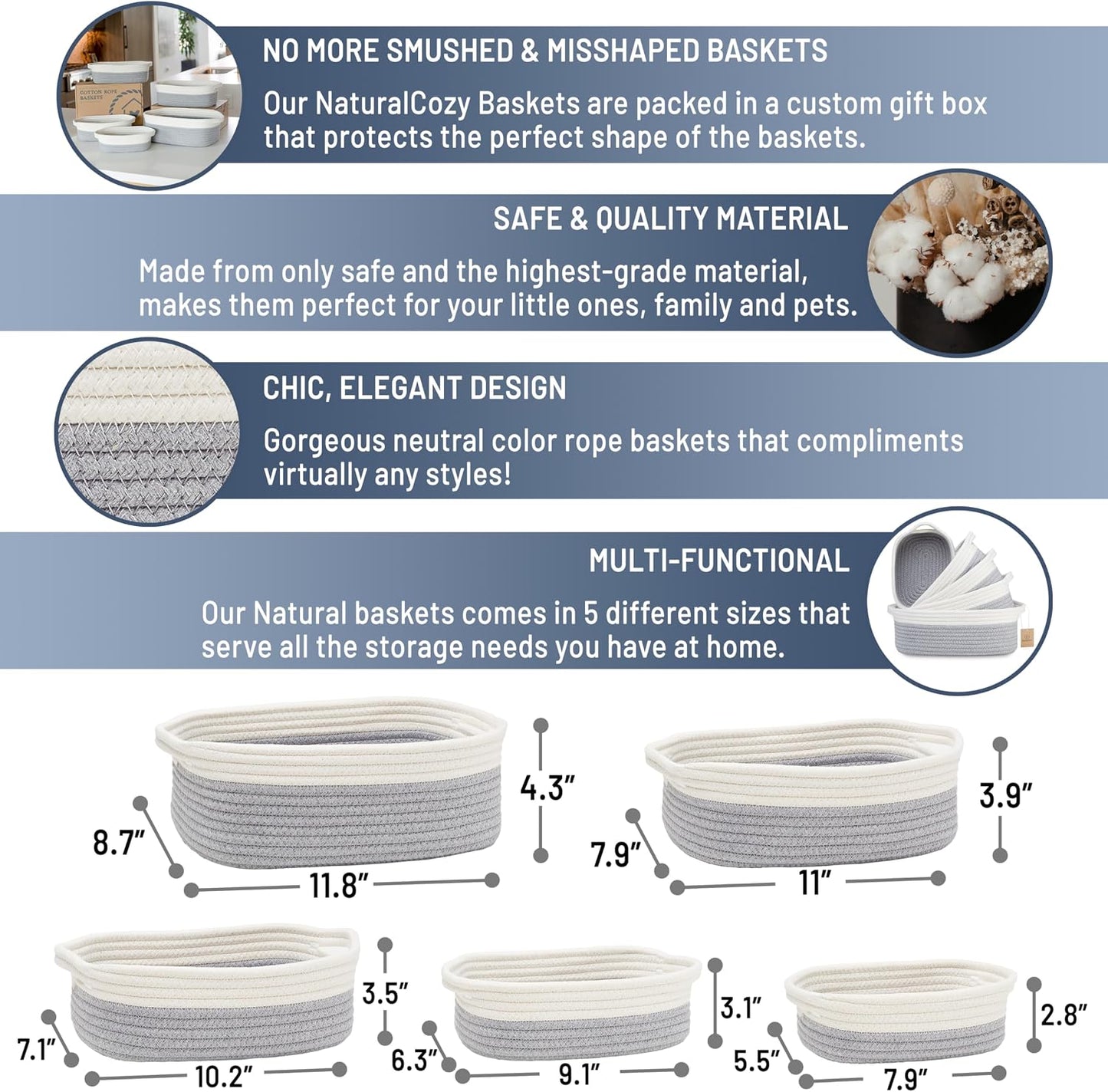 5-Piece Rectangle Storage Basket Set- Natural Cotton Rope Woven Baskets / Off White & Gray