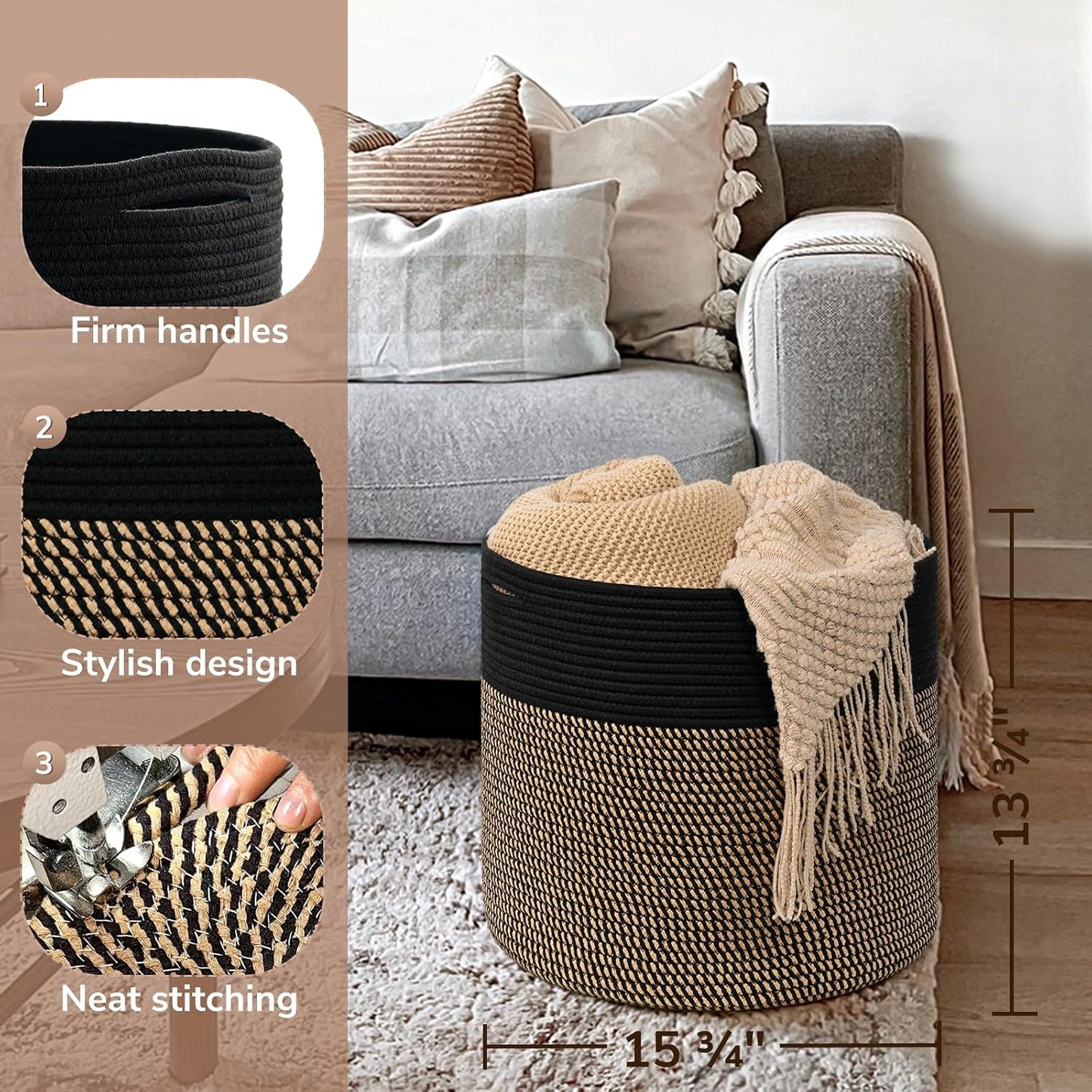 Woven Rope Storage Basket / Black & Mix Jute / 15.8 x 15.8 x 13.8