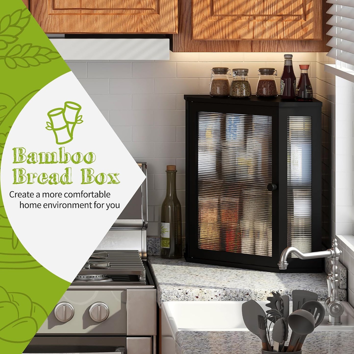 BMOSU Corner Bread Box for Kitchen Countertop Double Layer Bamboo Wooden Bread box Large Capacity Bread Storage