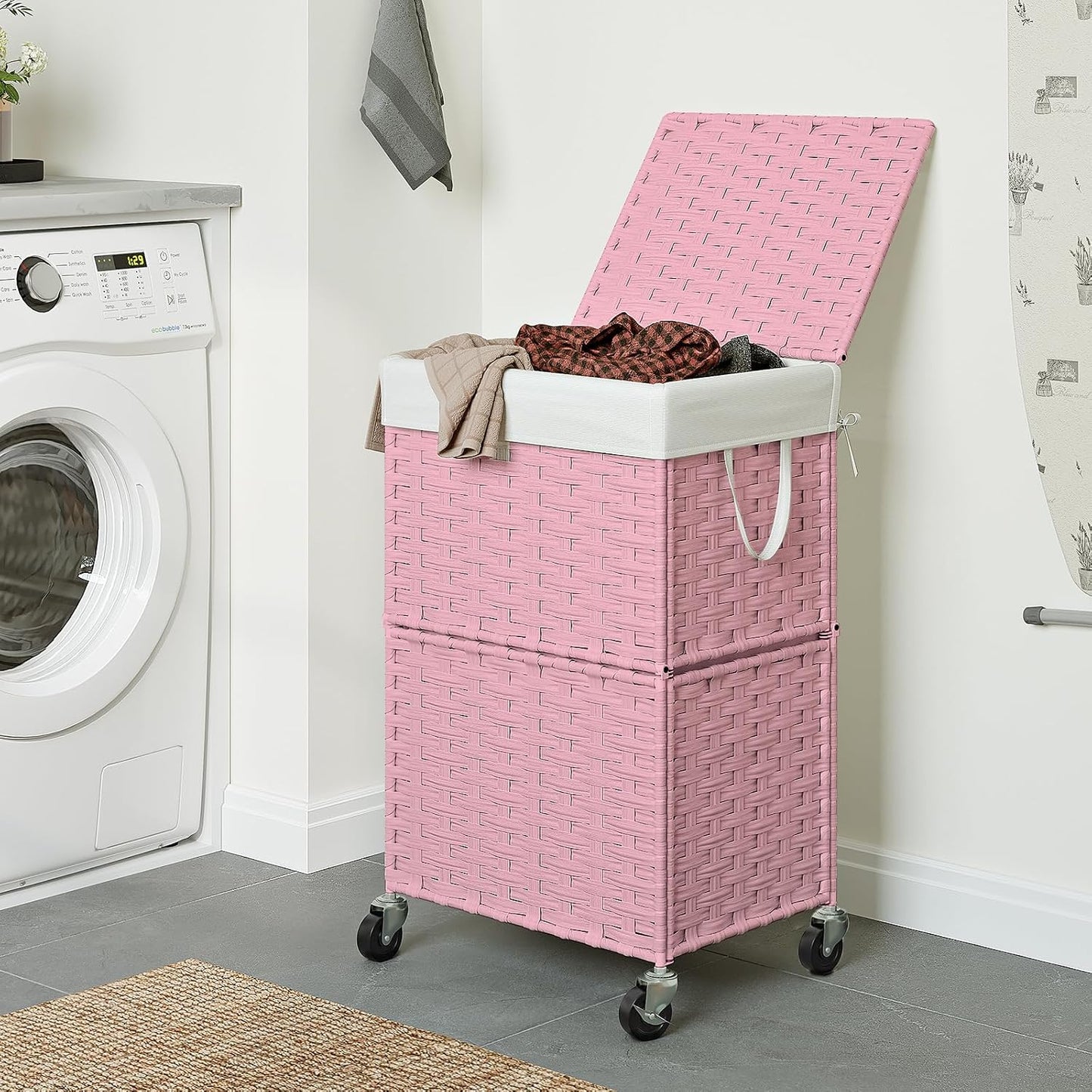 Rolling Laundry Basket / 90l / Pink