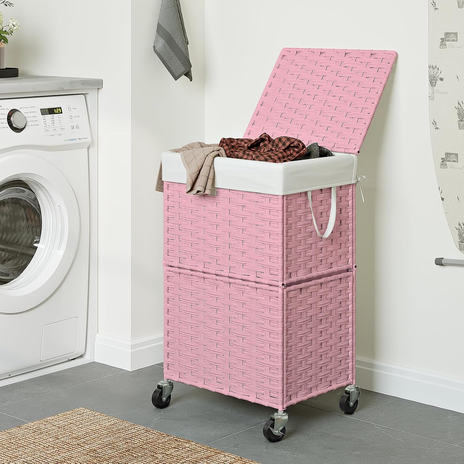 Rolling Laundry Basket / 90l / Pink