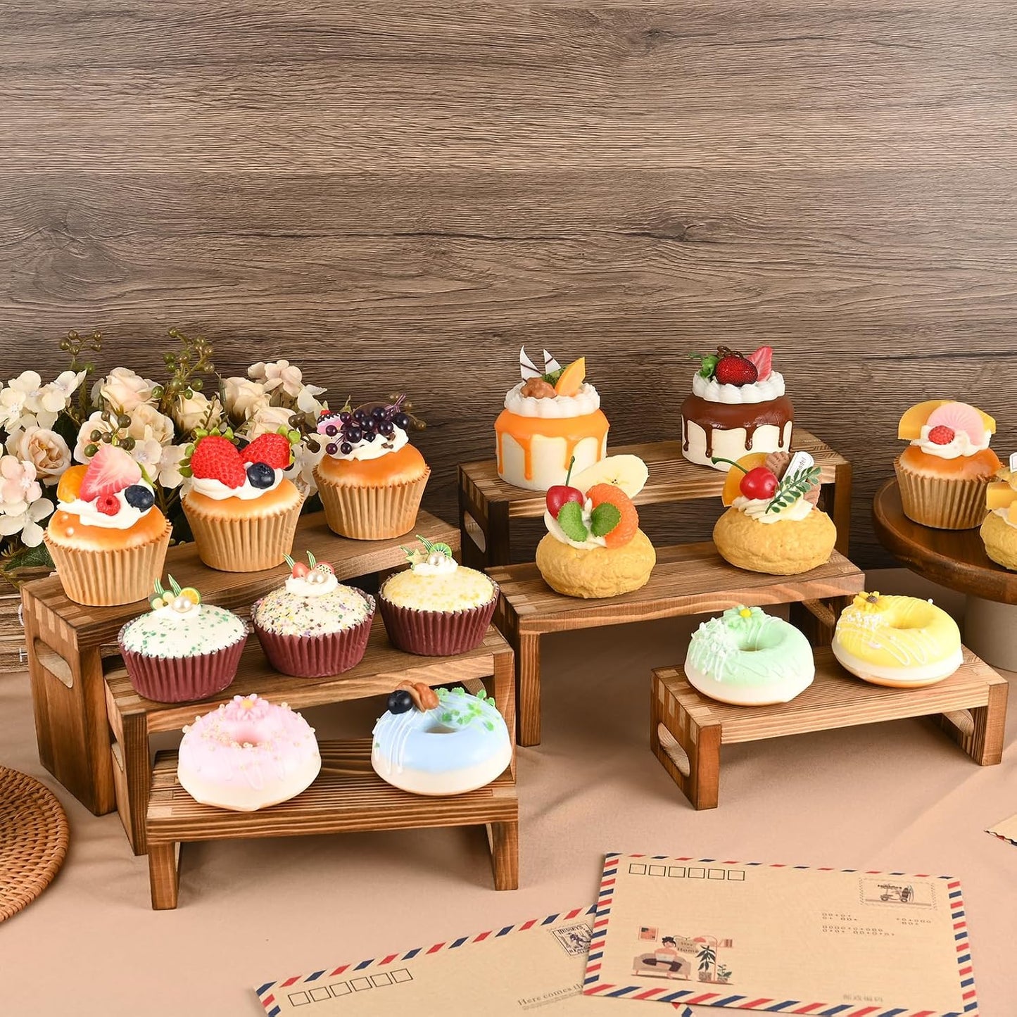Wood Risers Display Stands / 7 x 8 x 9 / Brown / Set of 6