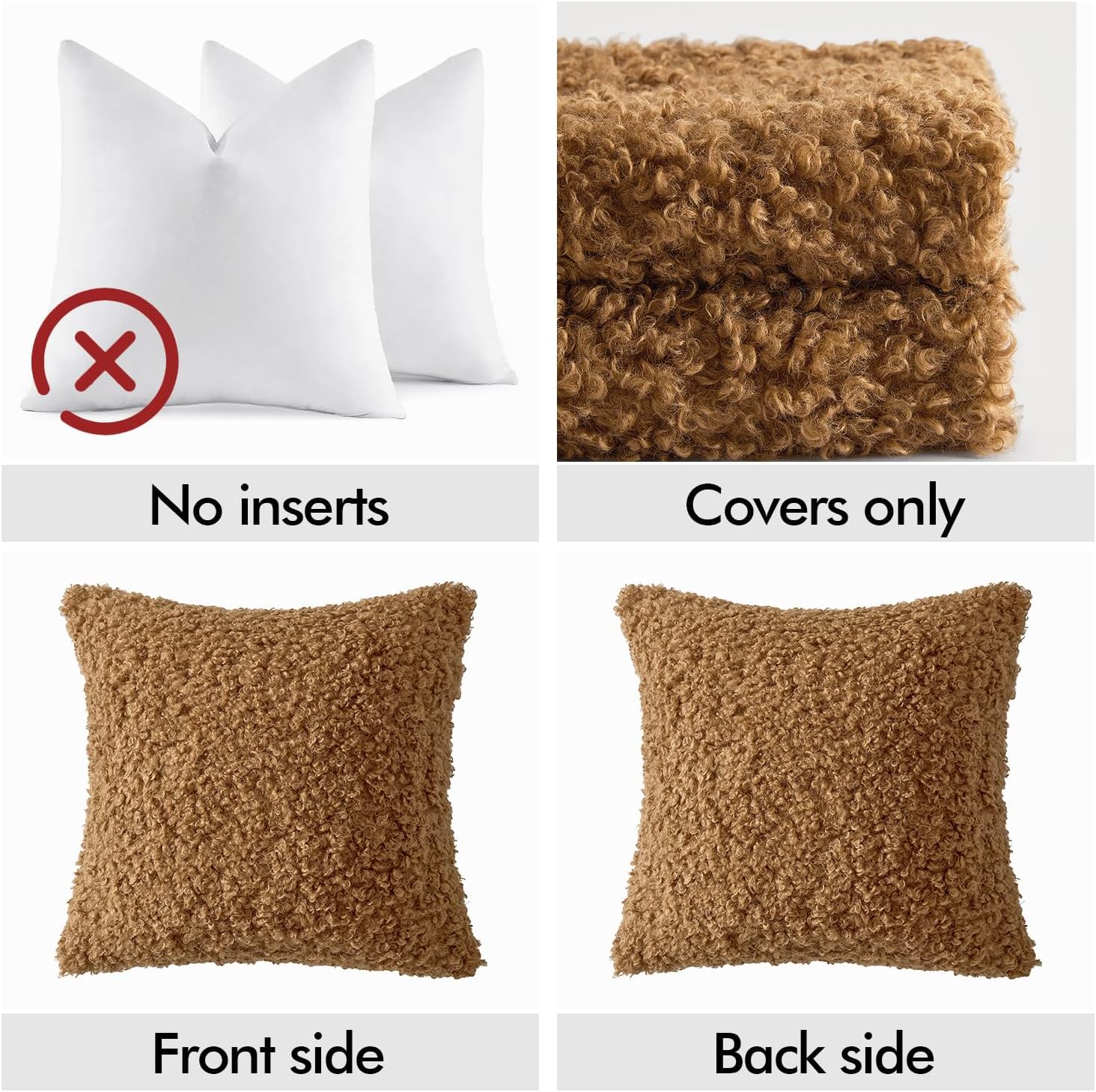 Teddy Faux Fur Throw Pillow Covers Soft Fuzzy Sherpa Sheepskin / Brown / 18 x 18 / Set of 2