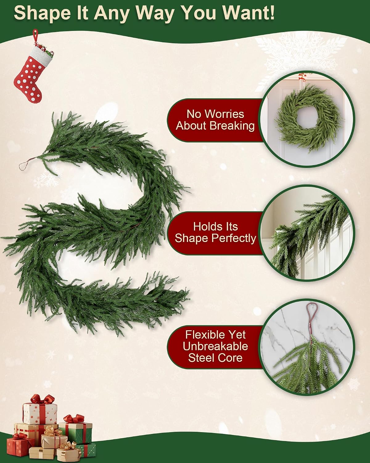 12FT (2 * 6FT) Artificial Christmas Garland, Real Touch Norfolk Pine Greenery Garland, Ultra Full & Lush Unlit Garland