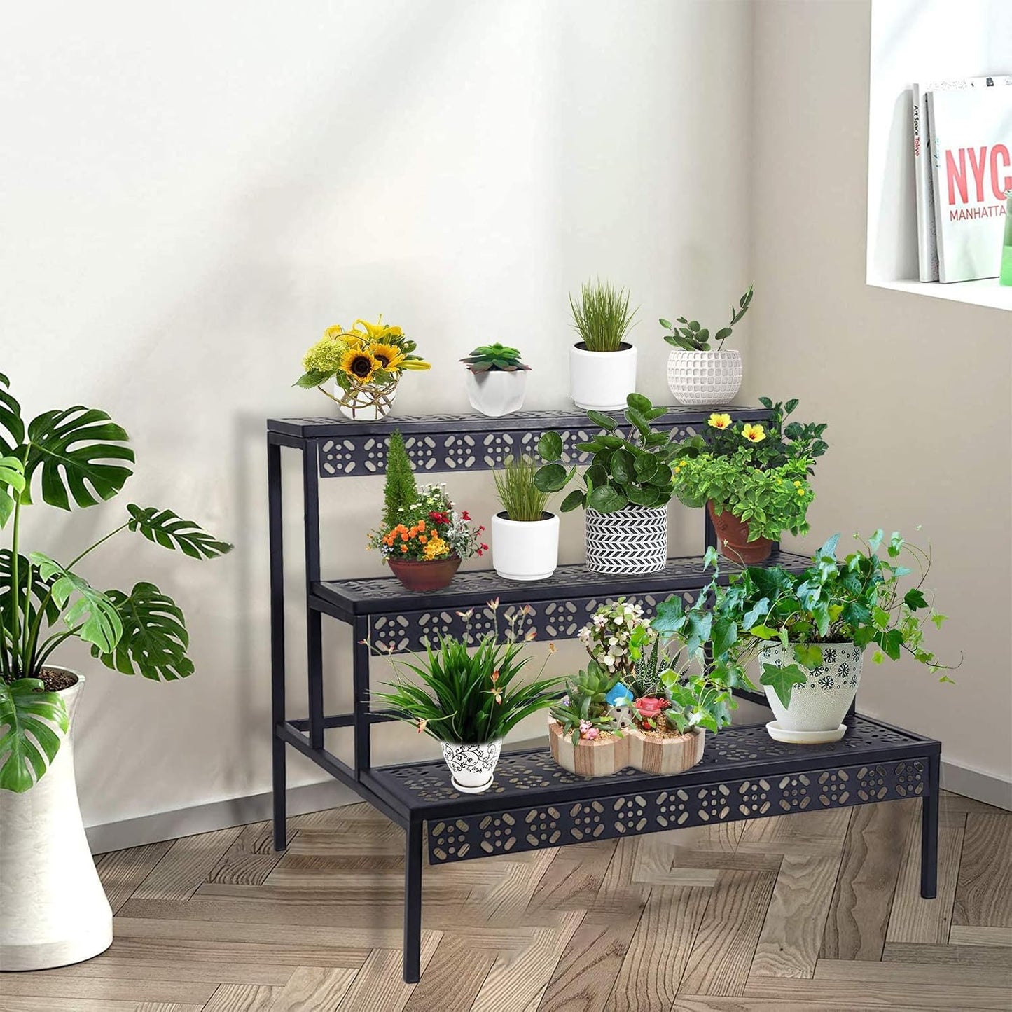 aboxoo 3-Tier Stair Style Metal Plant Stand, Large Indoor Outdoor Shelf | Holds multiple flower pots,Indoor/outdoor