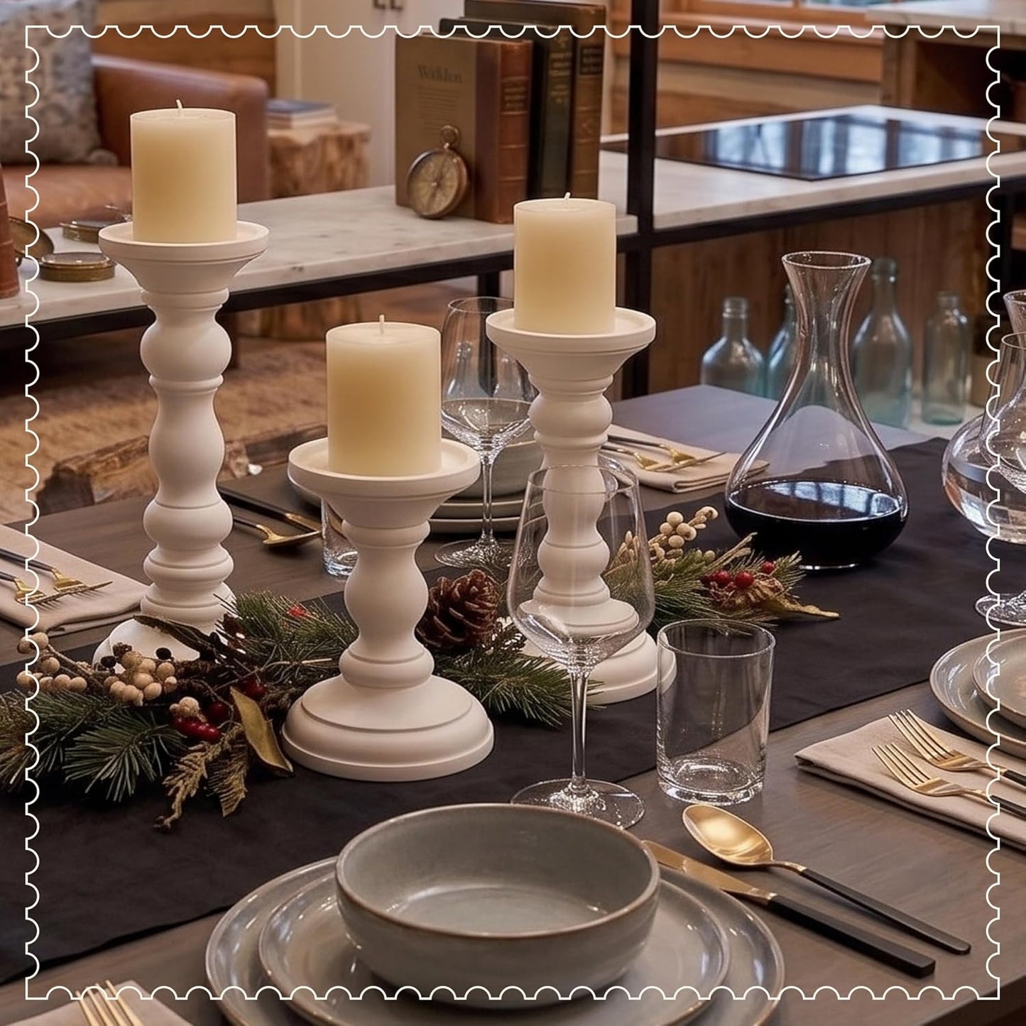 Willow Mango Wood Candle Holders - Matte White, Set of 3 | 6", 9" and 12" hand-carved candle holders for table, mantel