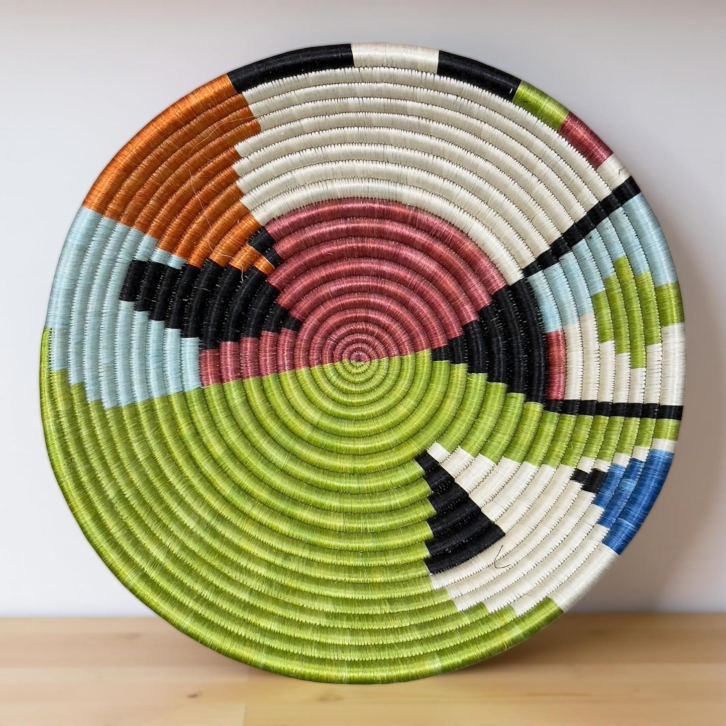 Handwoven African Sisal Basket Bowl Handmade Woven Fruit Bowl / Green Burgundy / 10in Diameter