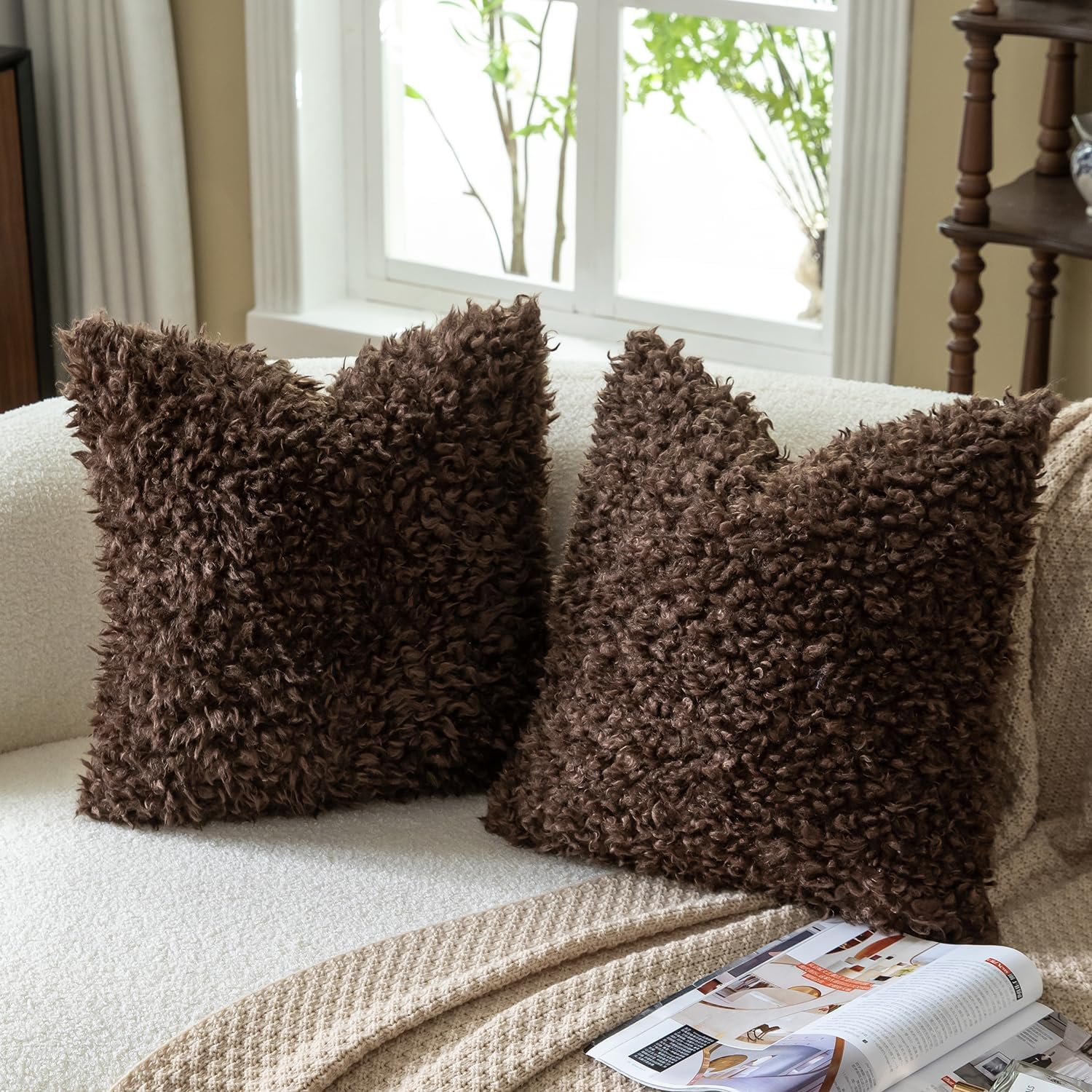 Faux Fur Throw Pillow Covers Boucle Decorative Sherpa Pillow Covers / Chocolate / 18 x 18 / Set of 2