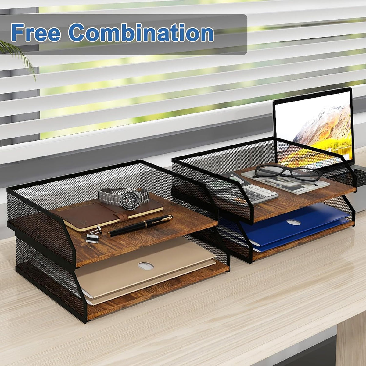 Natwind 4-Tier Stackable Metal Mesh Paper Organizer with Sliding Tray,Retro | Wooden Desk Organizer, Letter Tray For