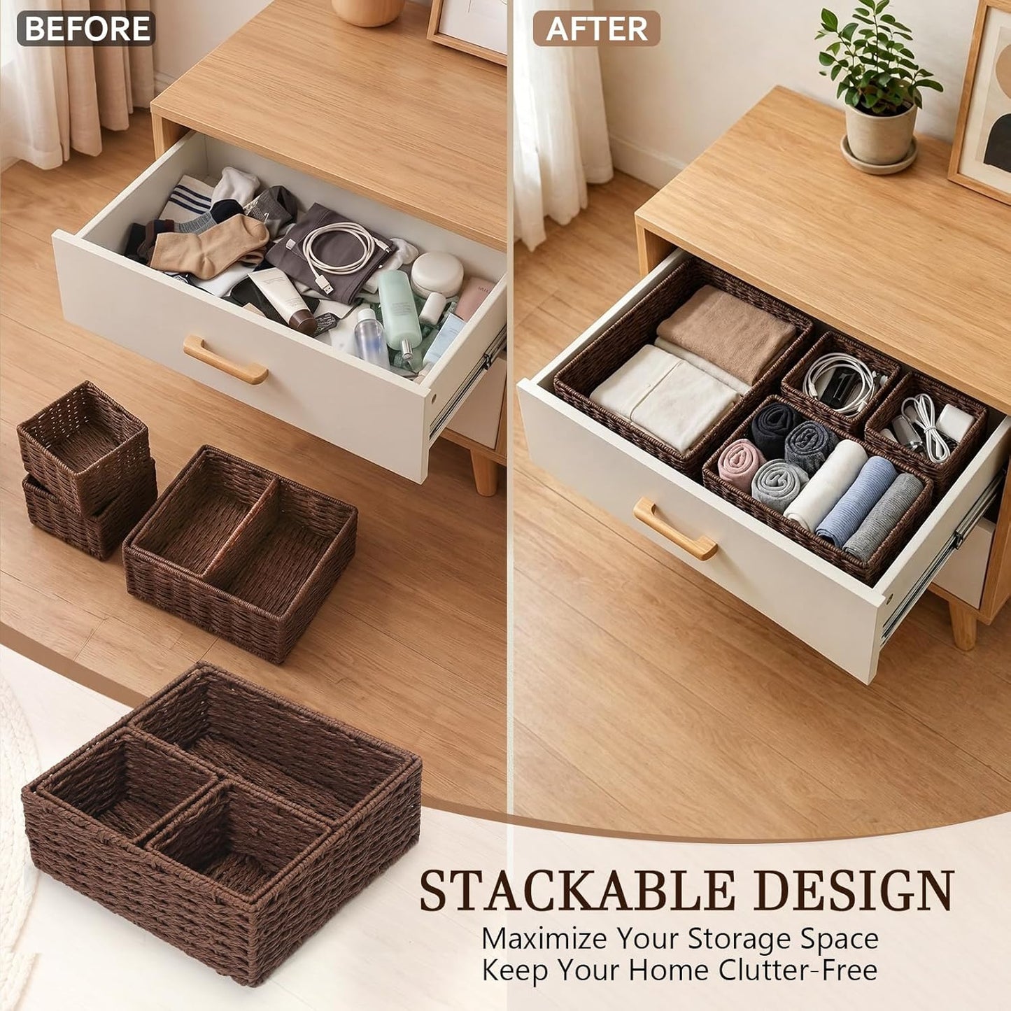 Bathroom Woven Basket Organizer Rustic Bathroom Decor Storage / Brown / Paper Rope / Set of 4