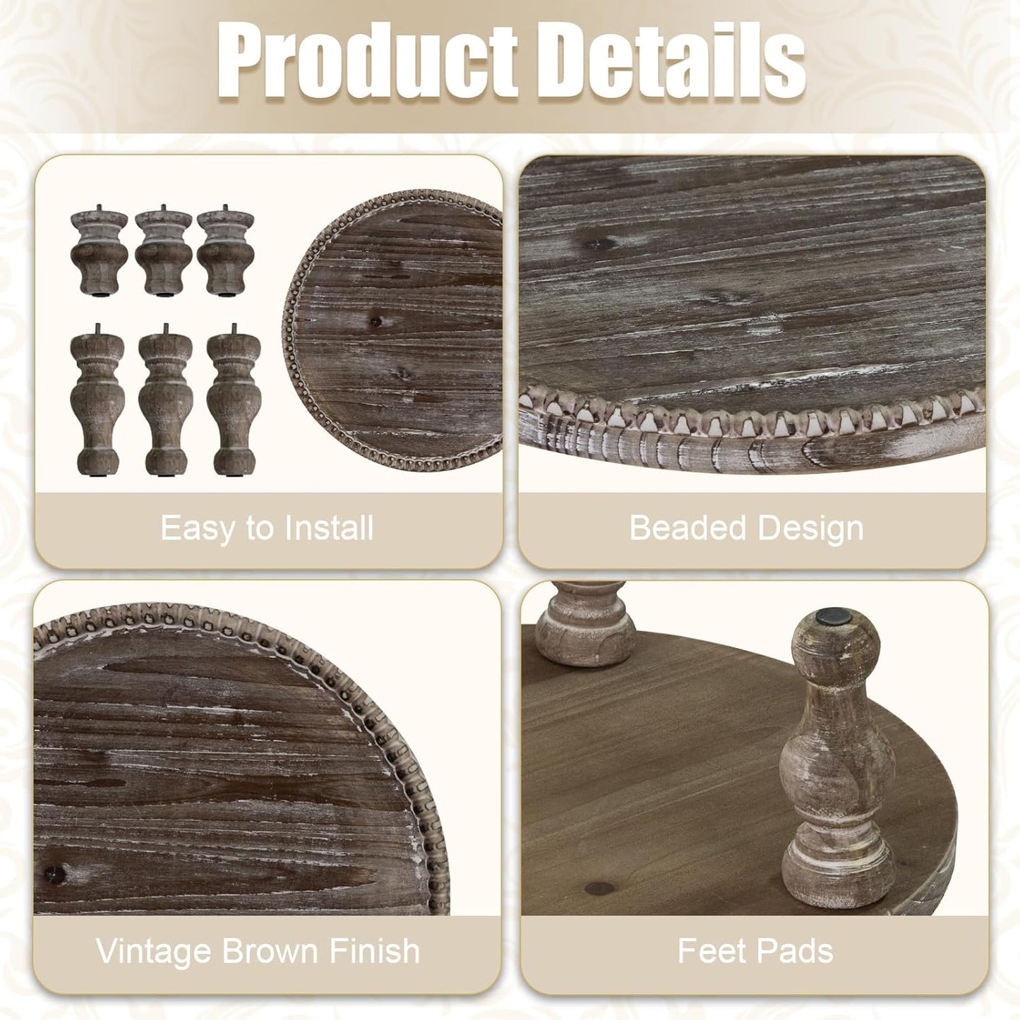 Decorative Pedestal Stand / Round Beaded Pedestal - Natural Wood
