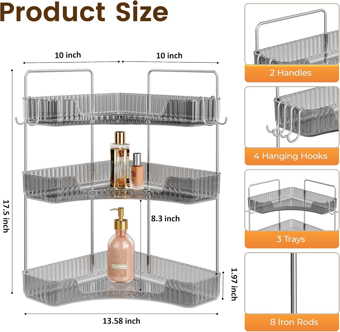 Bathroom Counter Organizer 3-Tier Corner Organizer with Hooks | Gray PET Counter Storage, Multi-Purpose for Bathroom