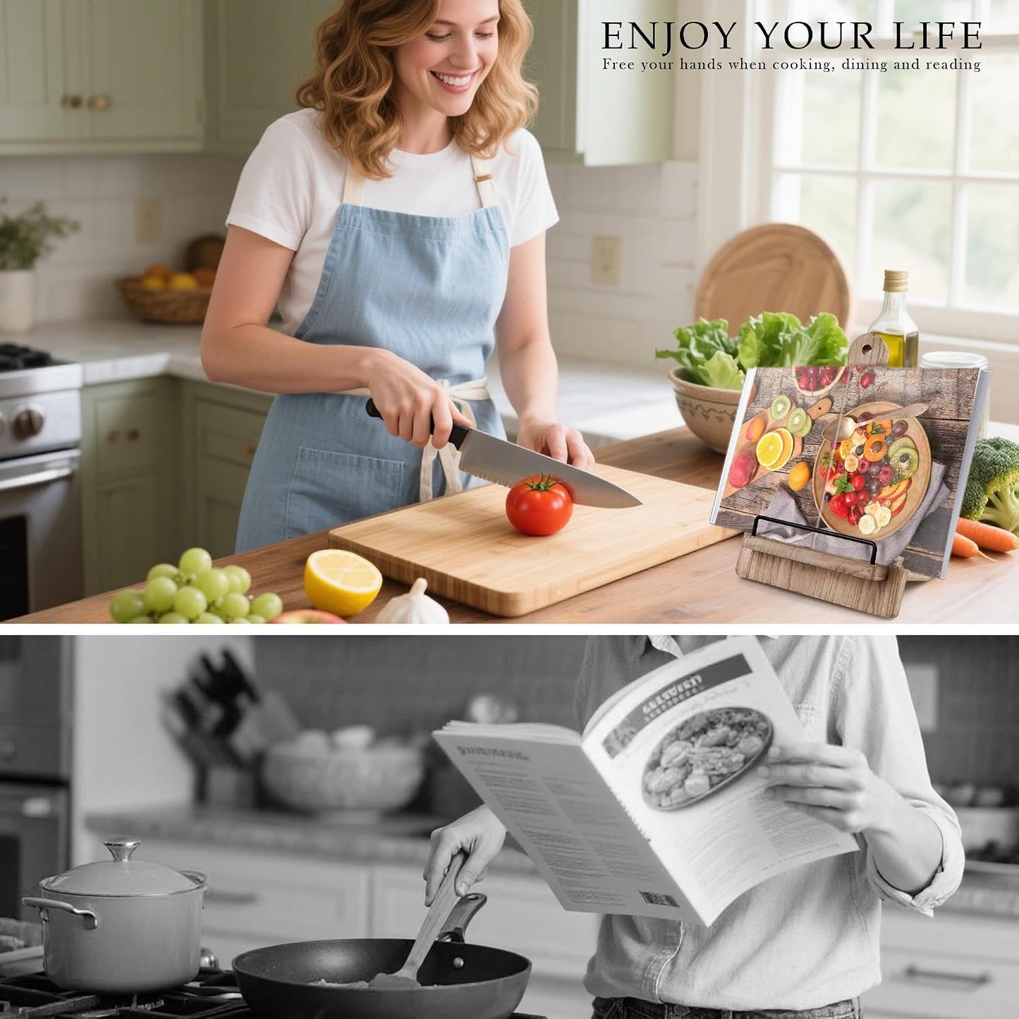 Brown Wood Cookbook Stand Holder: Adjustable Rest for Kitchen Counter | Counter top Cooking, Holds Thick Books, Fits