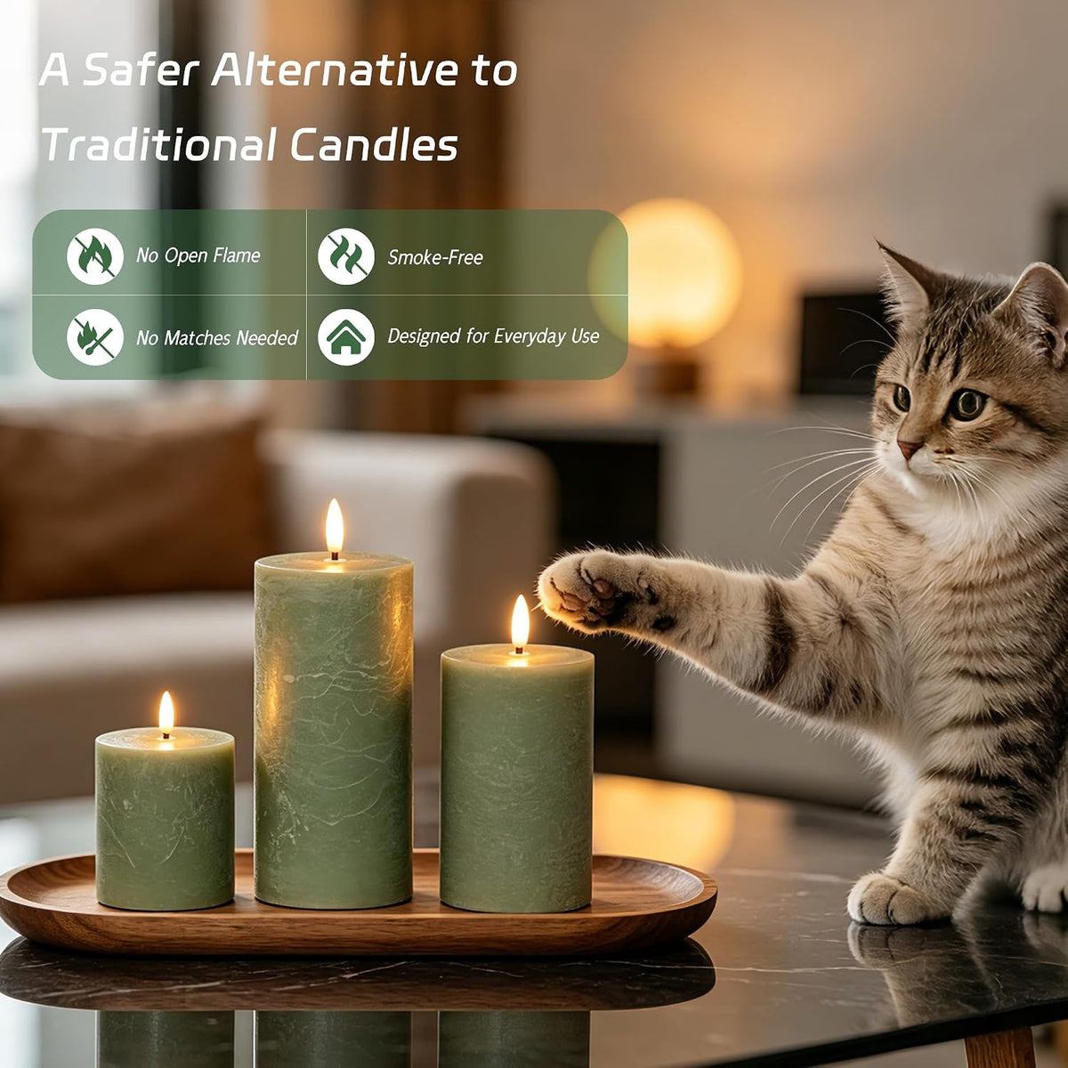 Olive Green Flameless Pillar Candles, Wax LED Candles with Remote | Realistic Battery Operated Decorative Candles