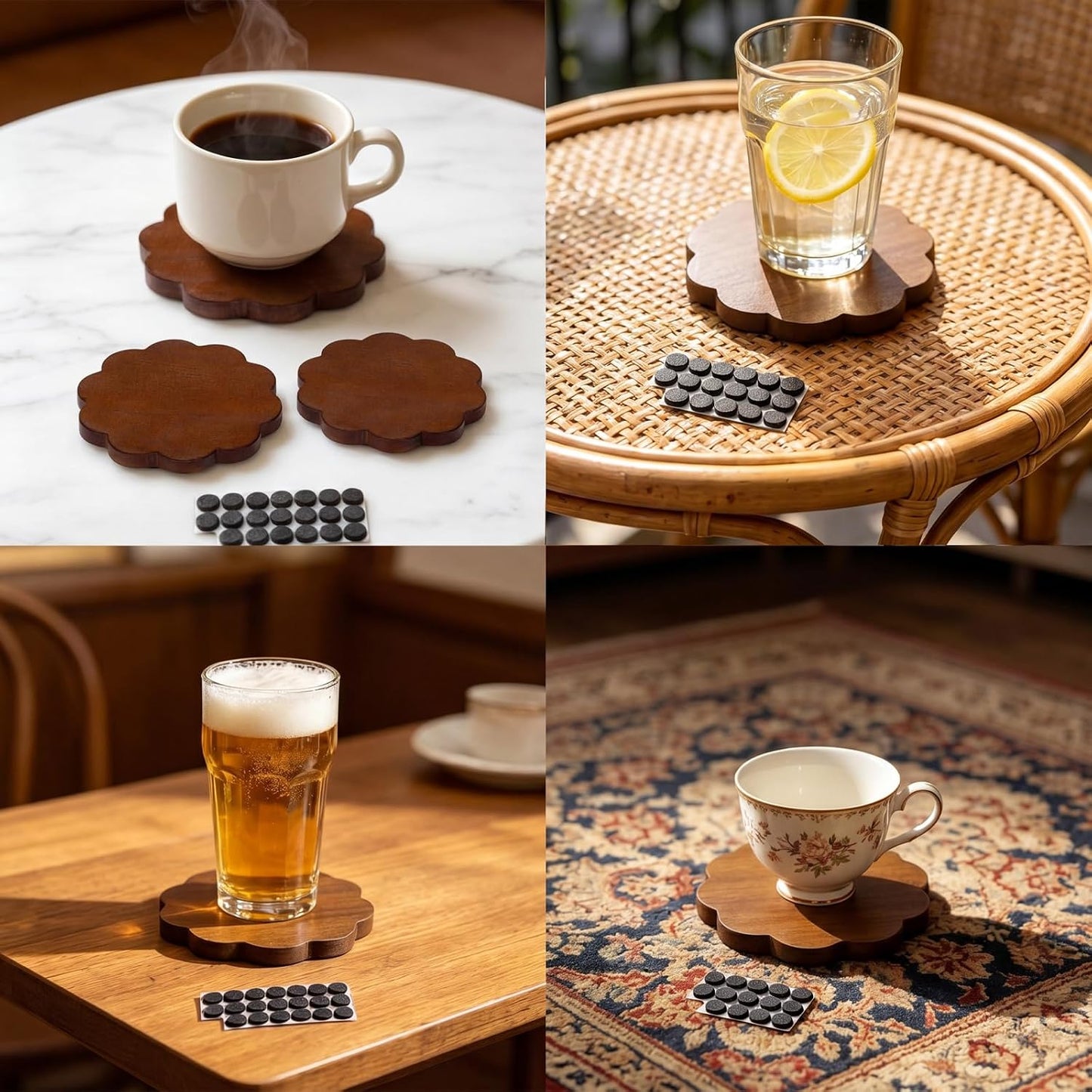 Scalloped Wooden Coasters Wood Color Round Stackable Drink / 3.9 Inch / Classic / Natural / Set of 6