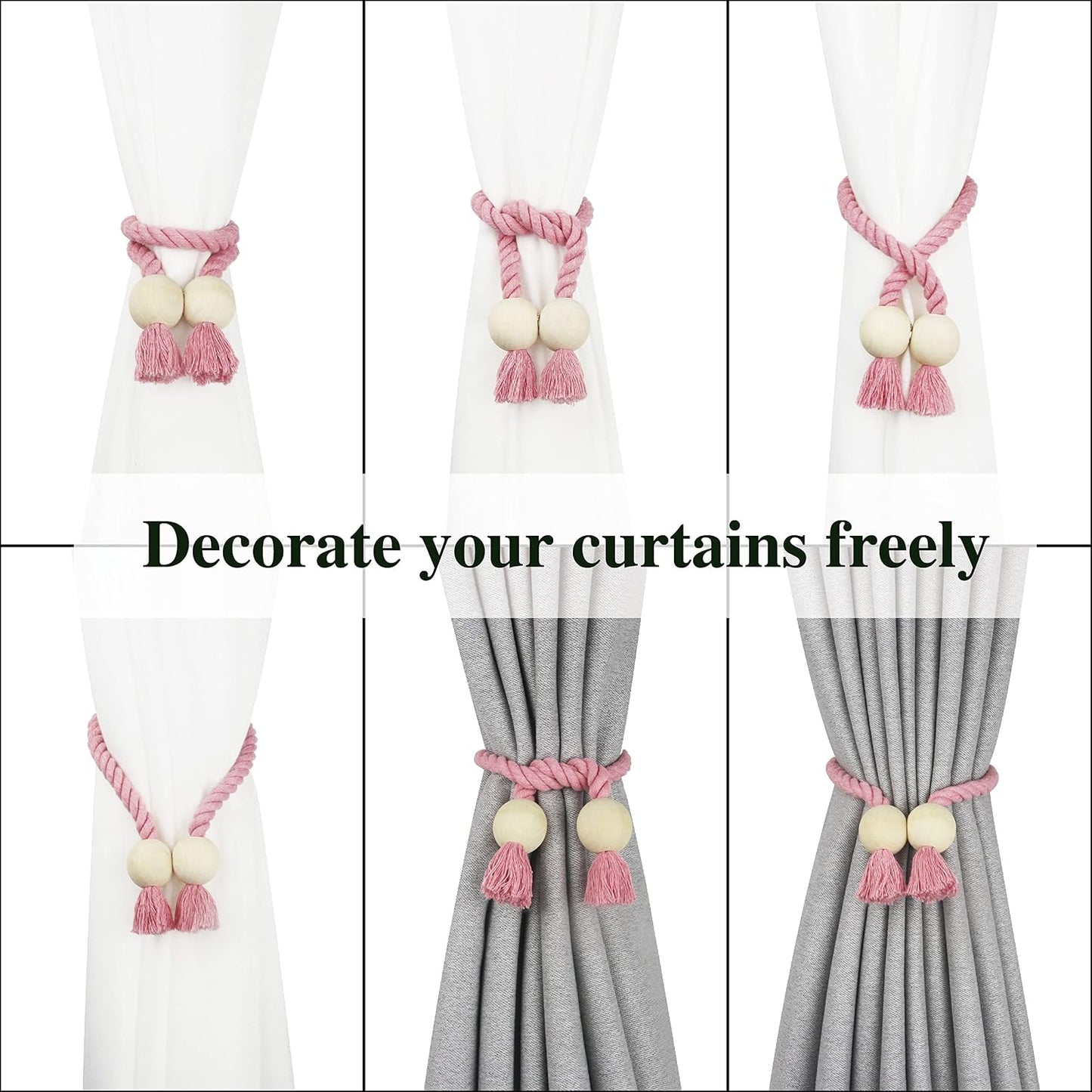 Magnetic Curtain Tiebacks Decorative Tie Back Drapes Holdbacks Nieffeiy | 6 Pack Pink Cotton Hand Woven Rope Curtain