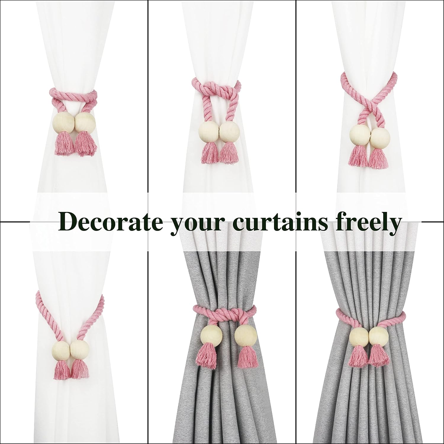 Magnetic Curtain Tiebacks Decorative Tie Back Drapes Holdbacks Nieffeiy | 6 Pack Pink Cotton Hand Woven Rope Curtain