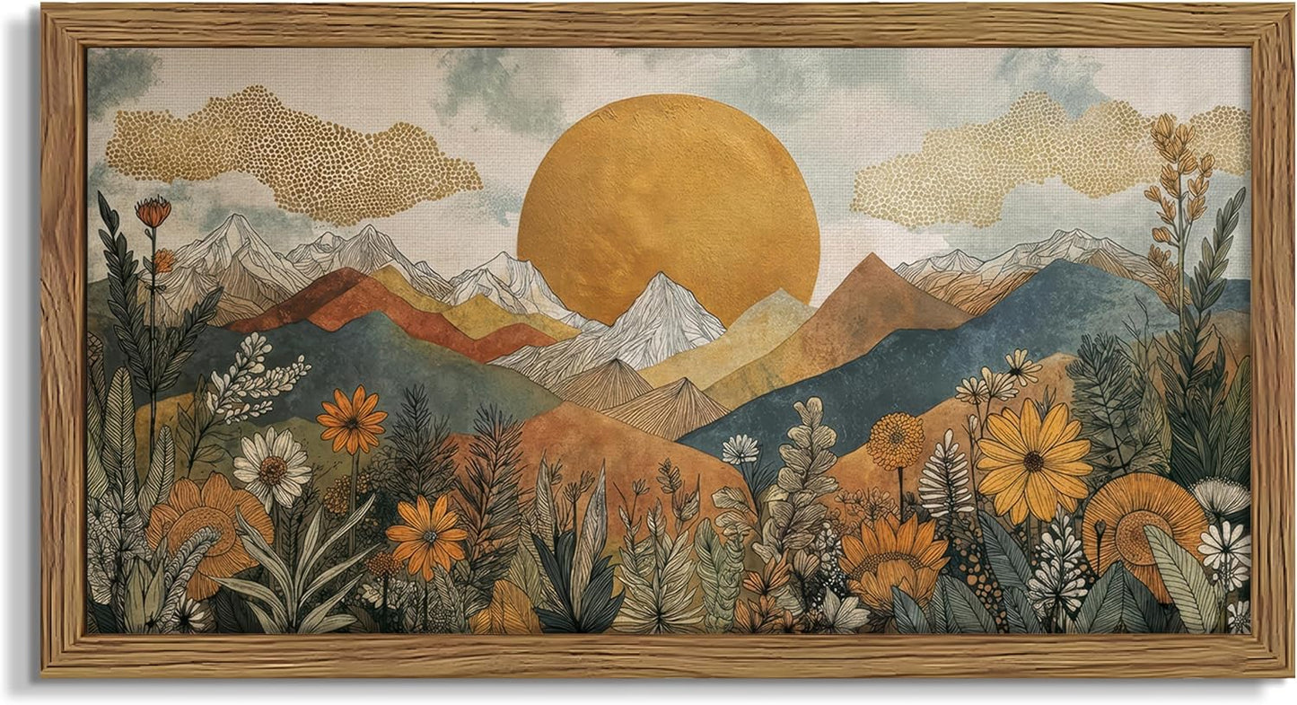 Framed Boho Landscape Large Wall Art, Abstract Sun Mountain Canvas Wall Decor Painting, Modern Floral Botanical