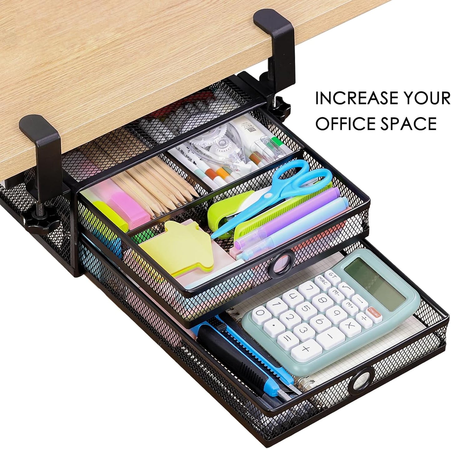 Under Desk Drawer, Clamp on Desk Organizer Slide Out Table Storage No Drill | 2Tier Under desk drawer: clamp on desk