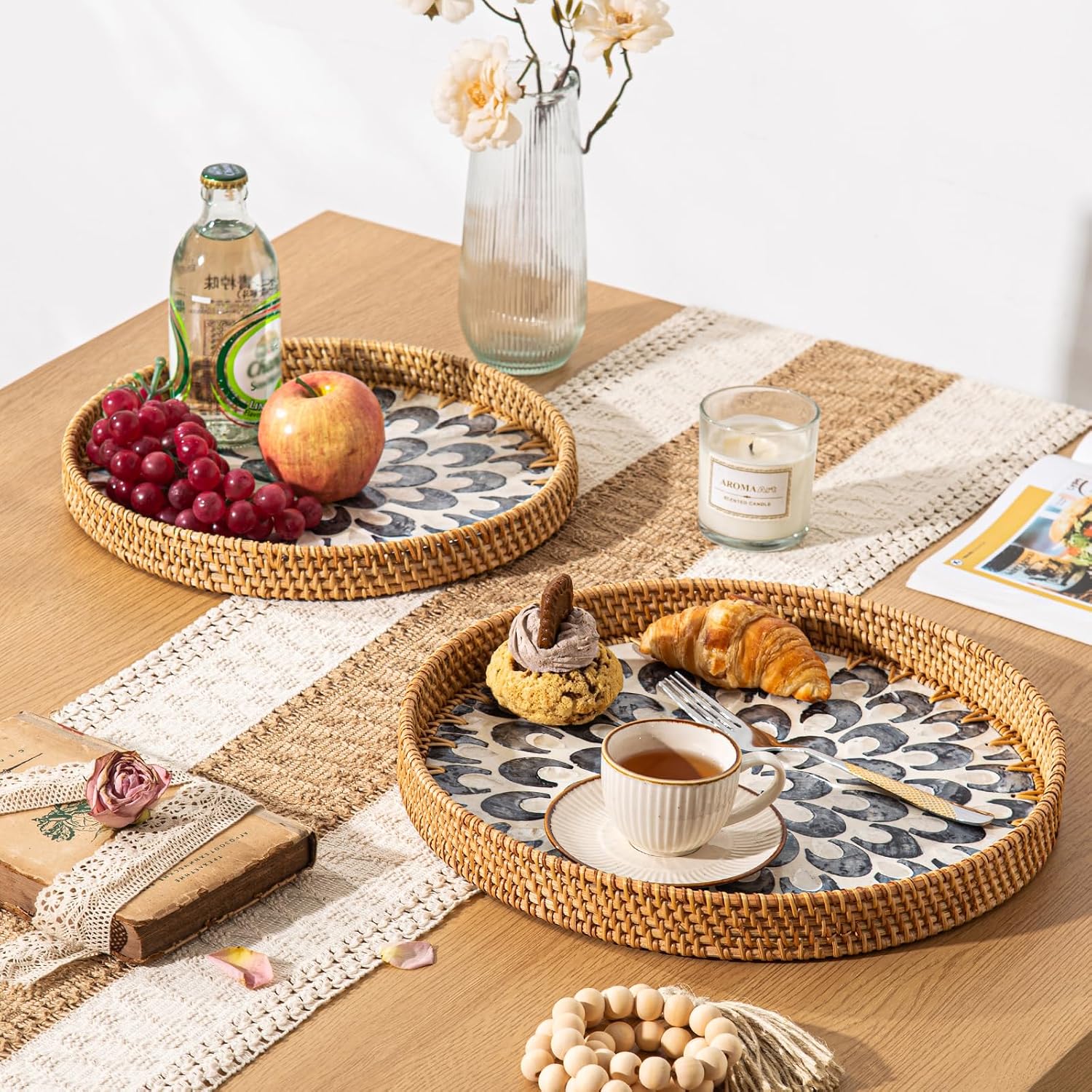 12'' Wicker Serving Tray / Bohemian / Set of 12