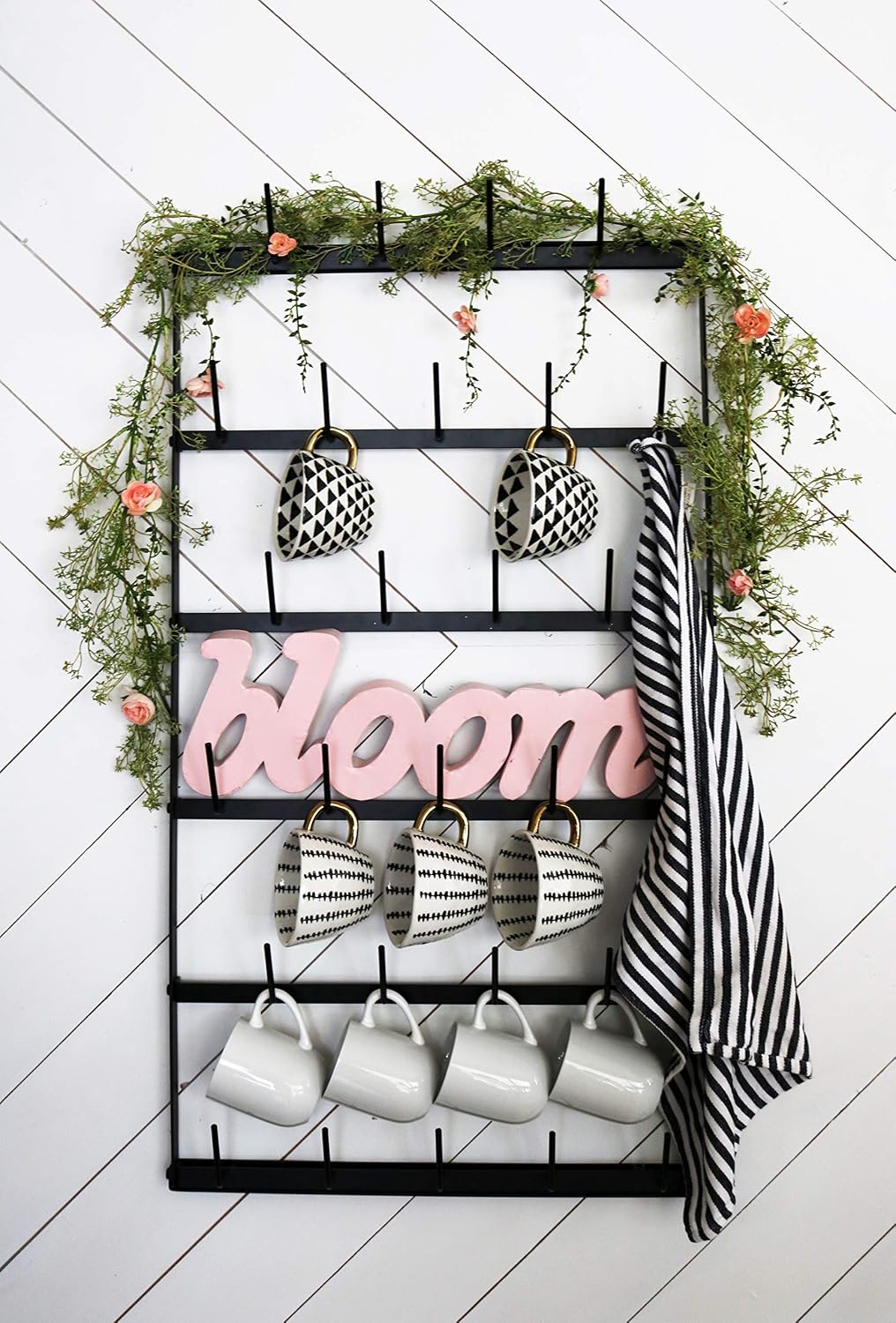 Wall Mounted Coffee Mug Rack - Large Rustic Black Iron Steel Kitchen Rack with 6 Rows - Storage for 27 Cups - Jar &