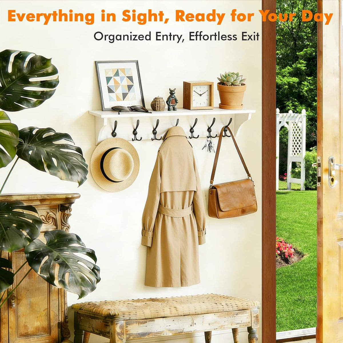 33" Coat Rack with Shelf Wall Mount, Pre-Assembled Solid Wood Coat Hooks with Shelf, Wall Coat Hanger with 7 Metal