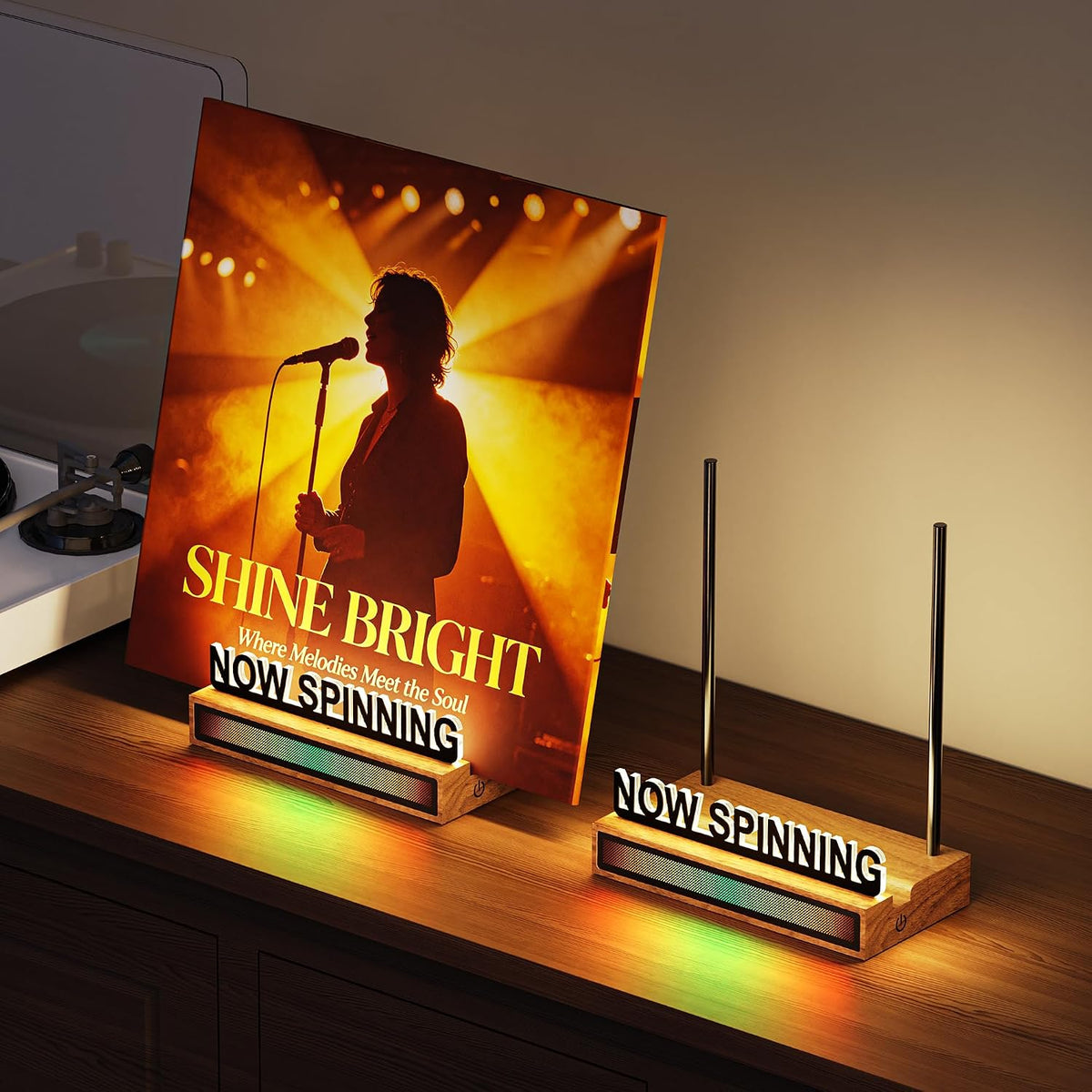 Now Spinning Vinyl Record Stand, Light Up Wooden Acrylic Album Display Holder with RGB Sound-Control Rhythm Lights