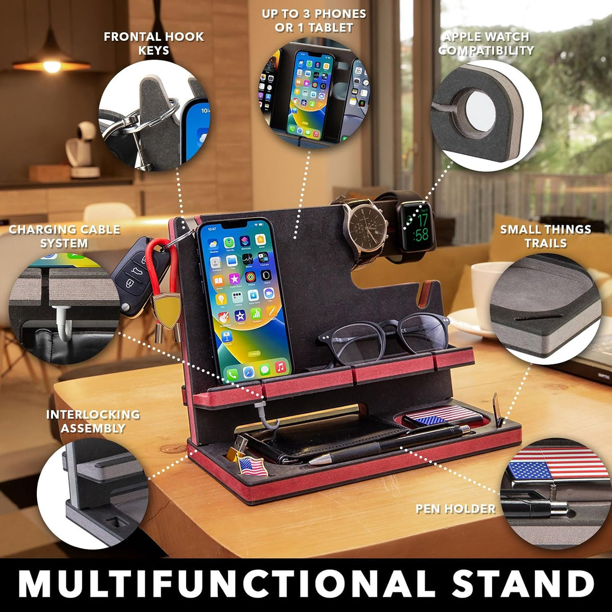 Wooden Docking Station for Cell Phone, Tablet, Wallet, Gadgets, Watch, Keys, Accessories, Essentials Desk Organizer