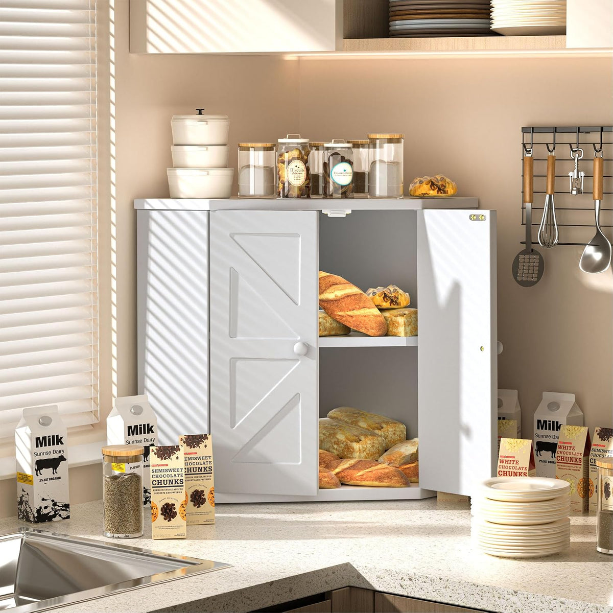 Corner Bread Box for Kitchen Countertop,Storage Container for Homemade Bread, Double Layer BreadBox, Large Capacity