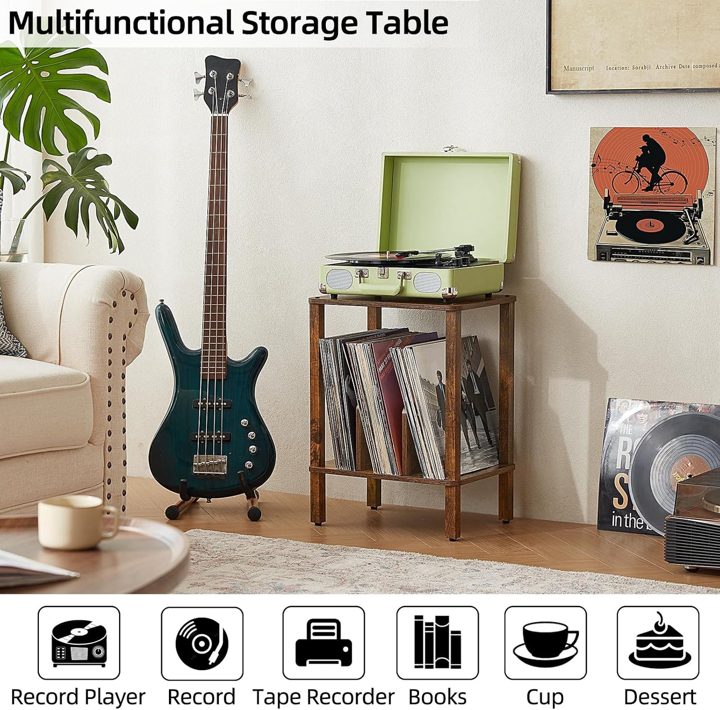 2-Tier Record Player Stand for Vinyl Records Storage End Table | Small Vinyl Record Holder Storage up to 100 Albums