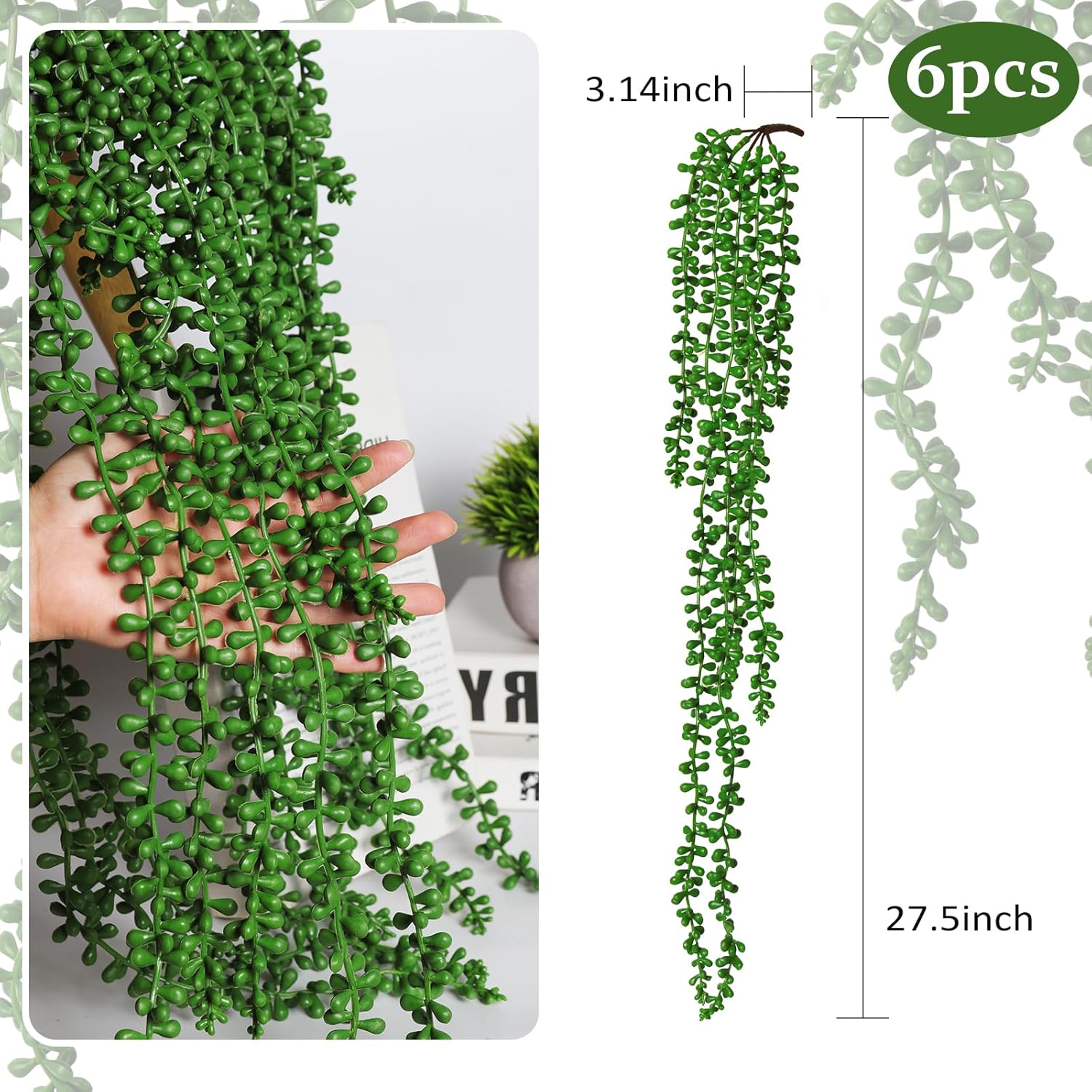 Artificial Hanging Succulents Fake String of Pearls Plant Faux Greenery Wall / Green / Set of 6