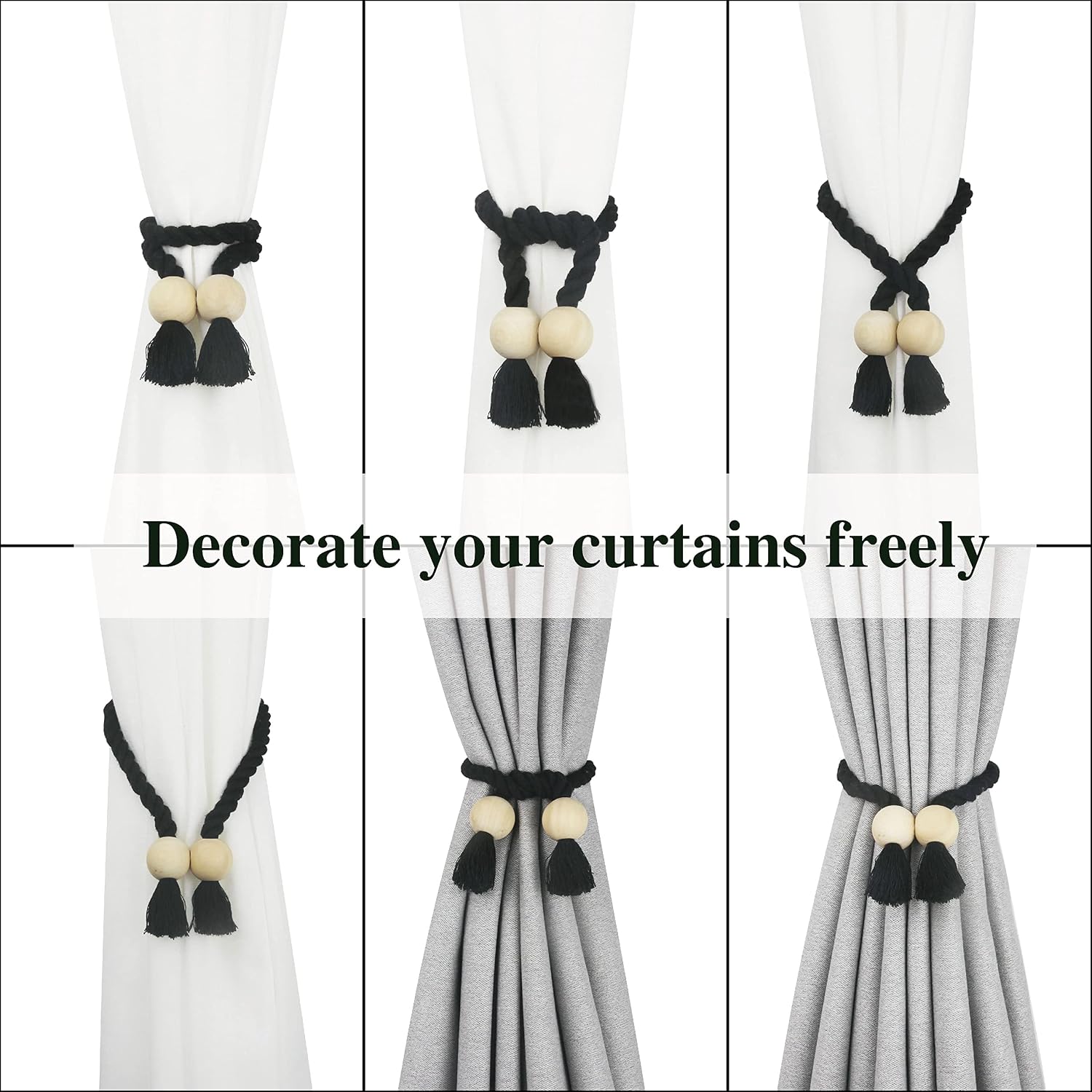 Magnetic Curtain Tiebacks Decorative Tie Back Drapes Holdbacks Nieffeiy | 6 Pack Black Cotton Hand Woven Rope Curtain
