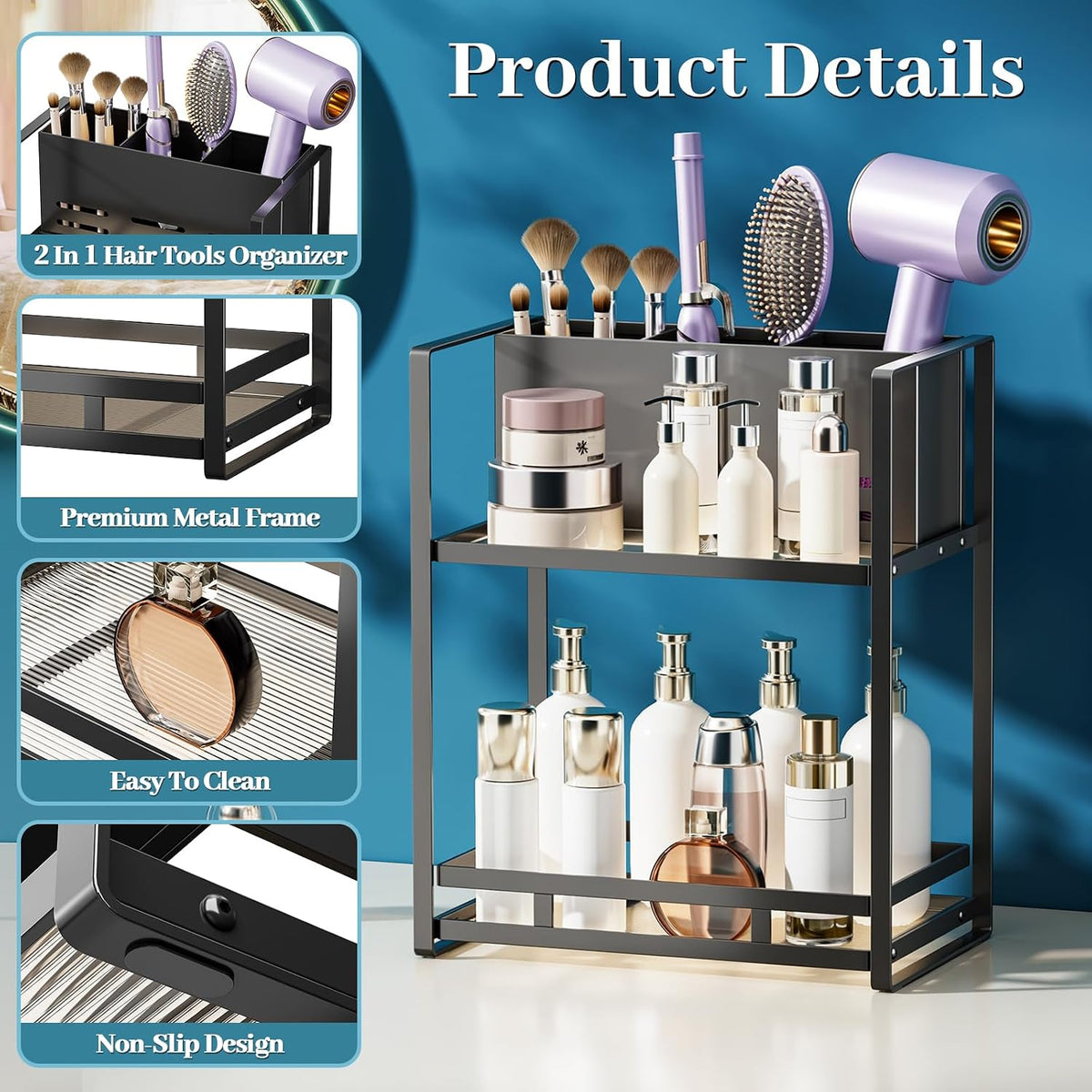 Bathroom Counter Organizer, Metal Vanity Shelf with Hair Dryer Holder | 2-Tier Hair Tool Organizer, Large Capacity