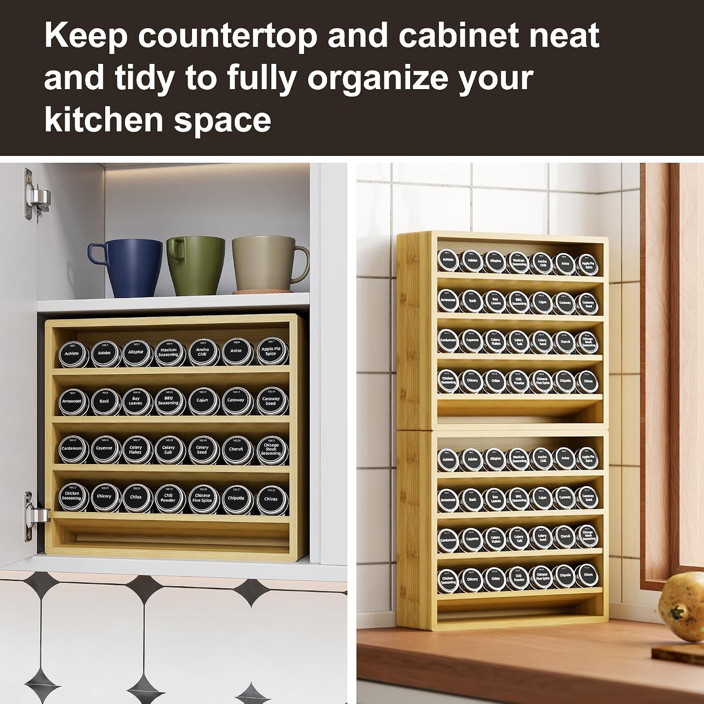Orimade 4 Tier Spice Rack Organizer for Cabinet, Freestanding Bamboo Seasoning Rack for Countertop, Cupboard, Pantry