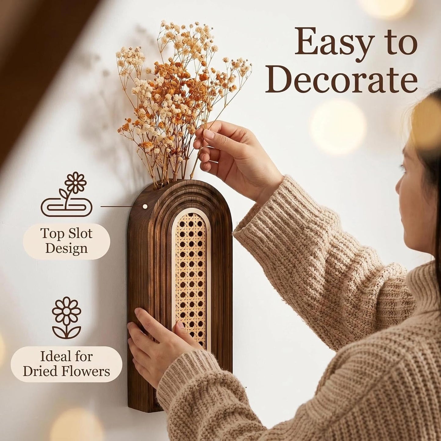 Wooden Wall Vase Set / Rattan-dark Brown / Set of 2