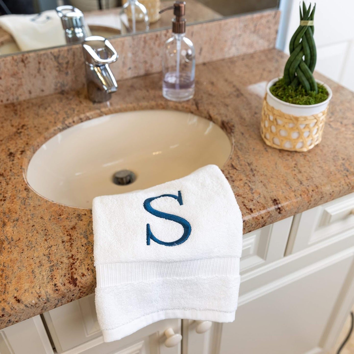 White with Navy Monogrammed Hand Towels for Bathroom - Set of 2 Letter S | Luxury Hotel Quality Initial Towels For