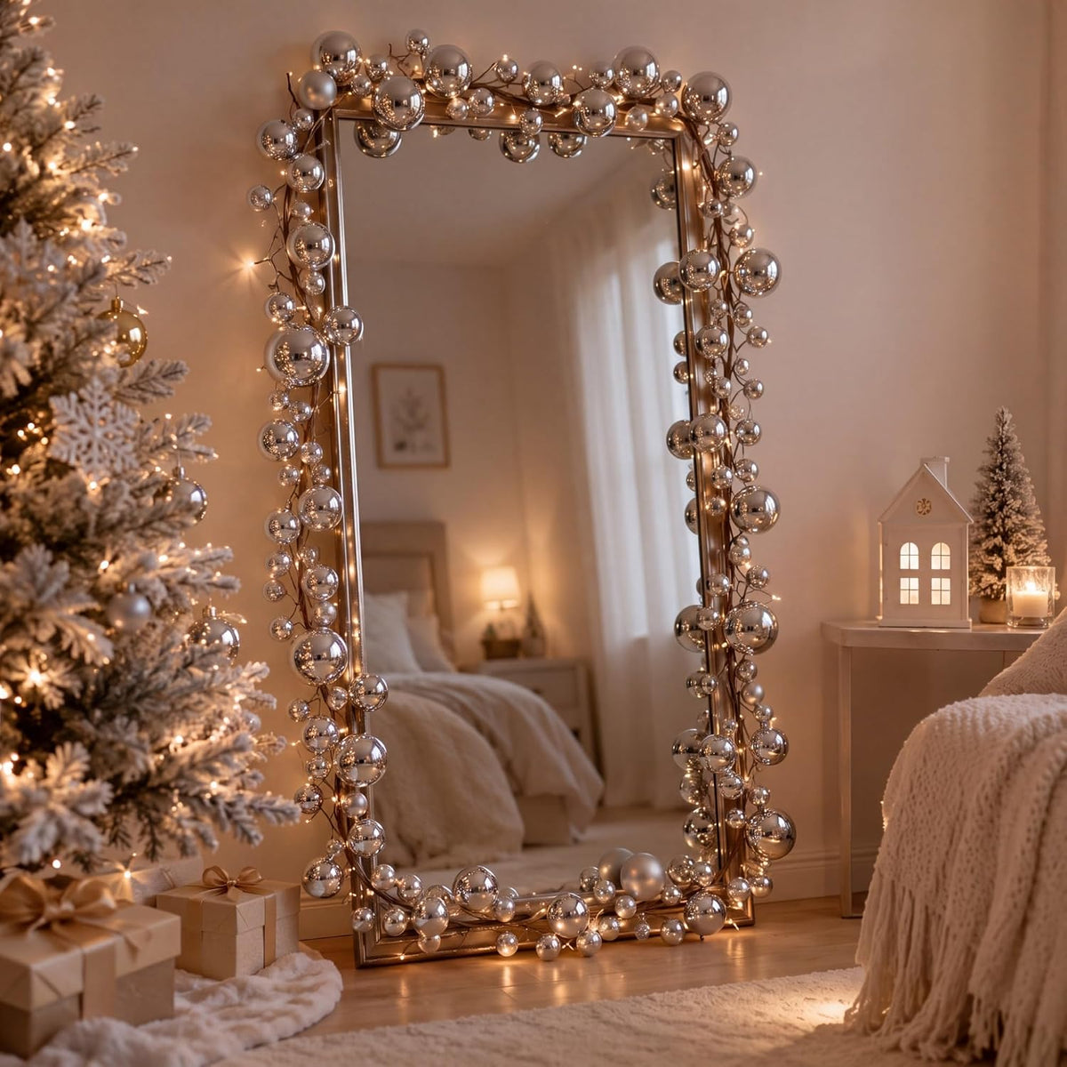 2 Pcs 15 ft Christmas Ball Ornament Garland, Silver | Bauble Bulb Christmas Tree Ball Decoration Shatterproof Ornaments